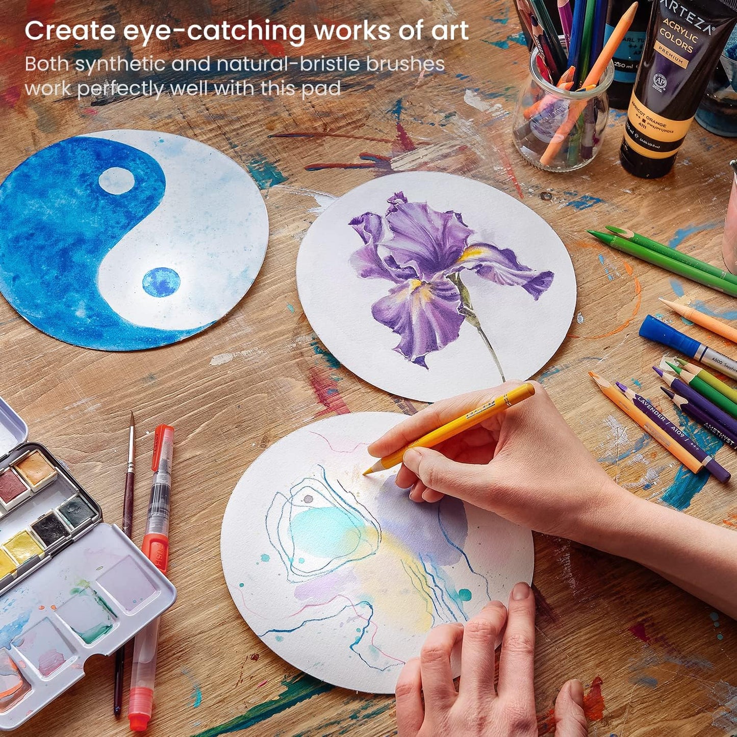 ARTEZA Watercolor Paper, 20 Sheets, 7 Inch Diameter Round Paper Pads, 140lb/300gsm, 100% Cotton, Cold Press, Acid Free Art Paper