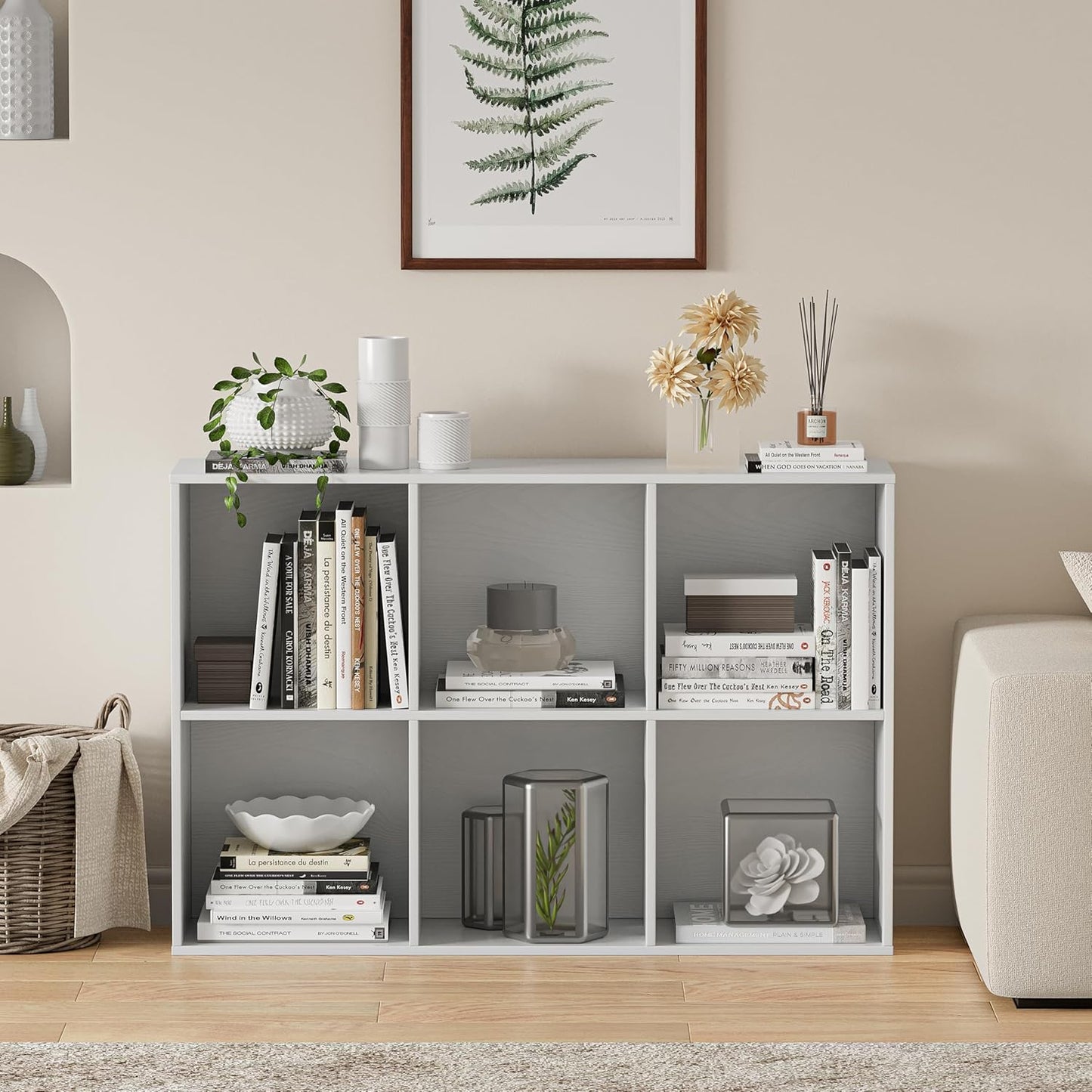 Wooden Cube Storage Organizer with Closed Back Panel, 11in Cube Shelf Opening, Bookshelf, Display Shelf,Closet Cabinet for Home and Office (Embossed White, 6-Cube 35.98L*9.45W*24.09H)