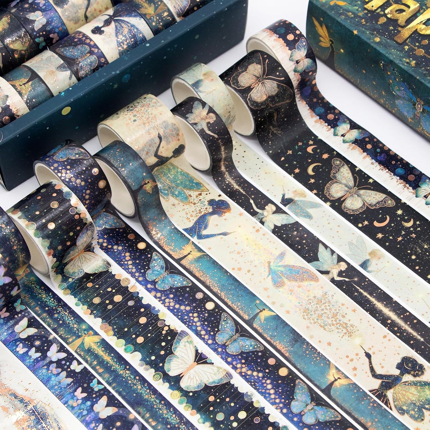 14 Rolls Washi Tape Set - Gold Foil Green Fairy Decorative Masking Tape Butterfly, Fairy, Star, Magic, Adhesive Tape for Bullet Journal,DIY Craft,Scrapbooking Supplies,Gift Wrapping