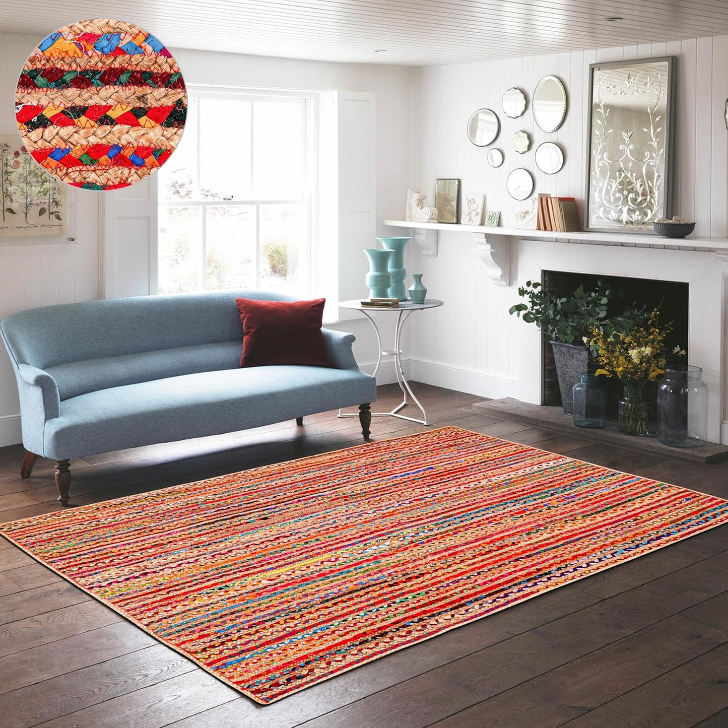 3'x5' Handwoven Jute Chindi Area Rug - Colorful Boho Rugs for Living Room - Hand Braided Multicolor Bohemian Rug for Farmhouse, Bedroom, Dining Room, Classroom, Hallway, Kitchen, Office