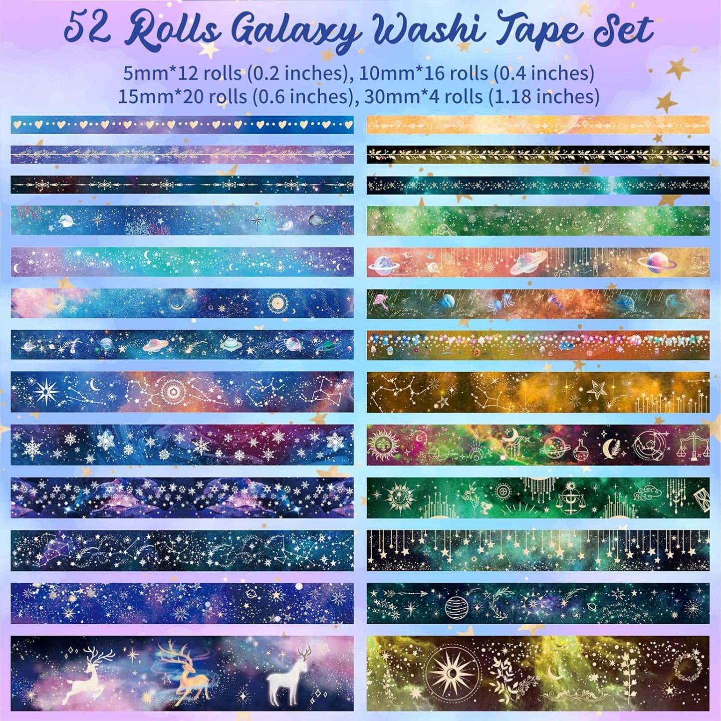 52 Rolls Washi Tape Set, Gold Foil Galaxy Washi Tape for Journaling Supplies, 4 Size Washi Tapes for Scrapbooking, DIY Journal Set, Craft, Gift Wrapping, Painting