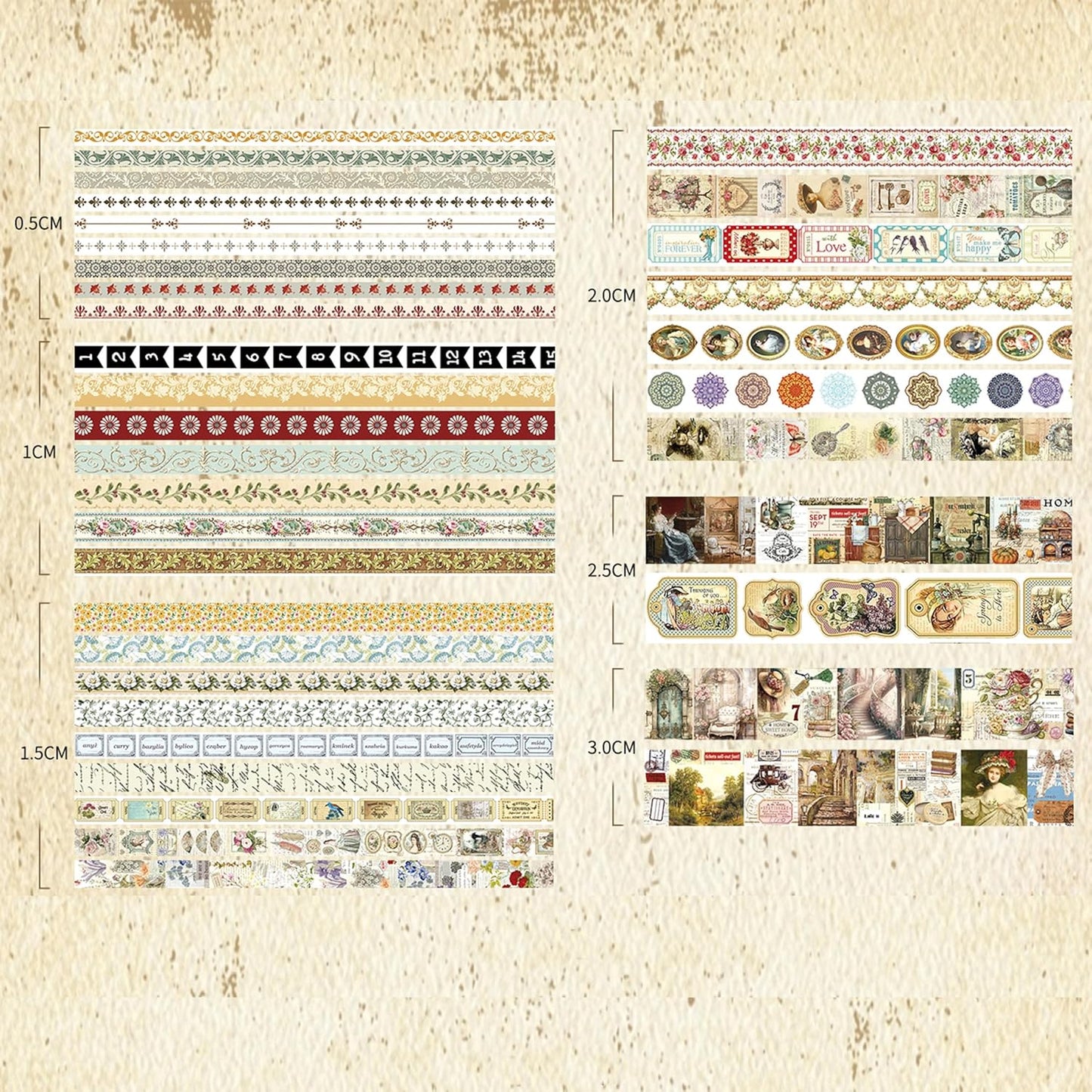 36 Rolls Vintage Washi Tape Pack Retro Arts Adhesive Tapes Wide Chronicle Decorative Masking Tape Sets for Craft, Kids, Scrapbook, DIY, Gift Wrapping (Madame de Pompadour)