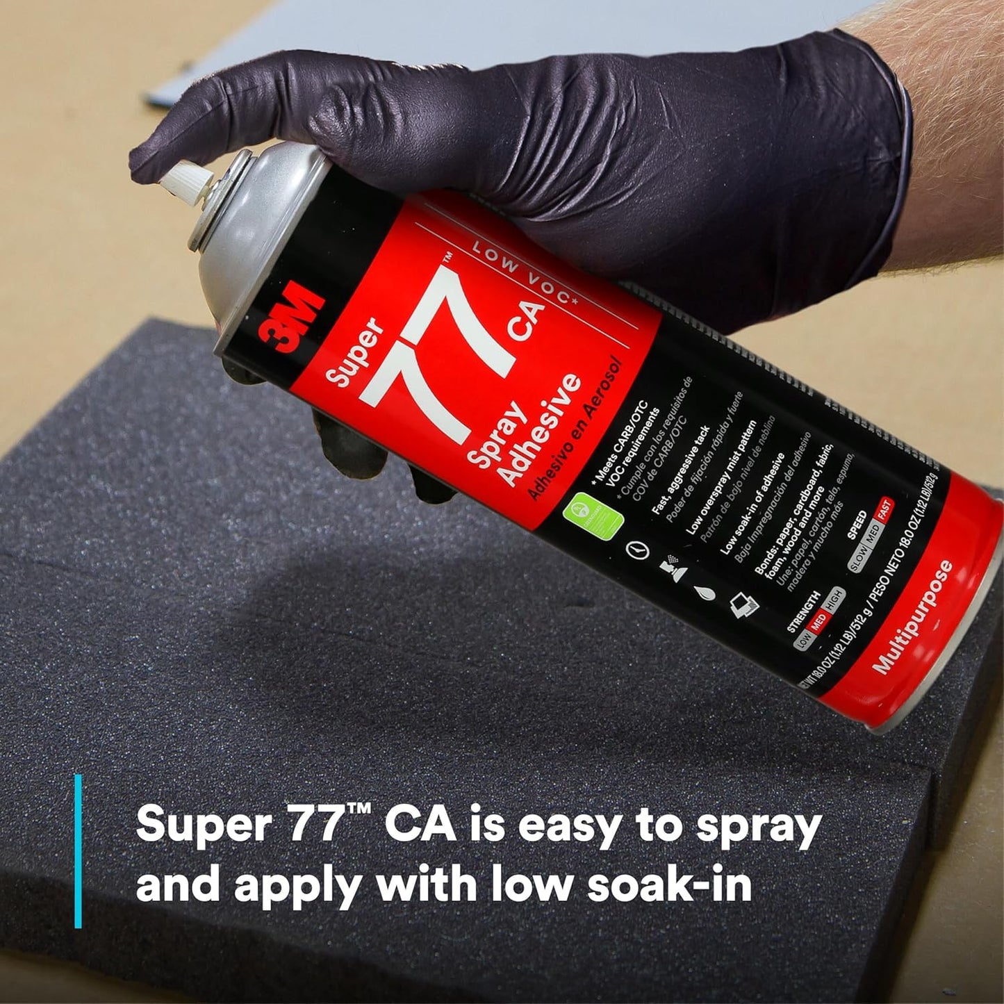 3M Super 77 Multipurpose Permanent Spray Adhesive Glue, Low VOC, Paper, Cardboard, Fabric, Plastic, Metal, Wood, Net Wt 18 oz