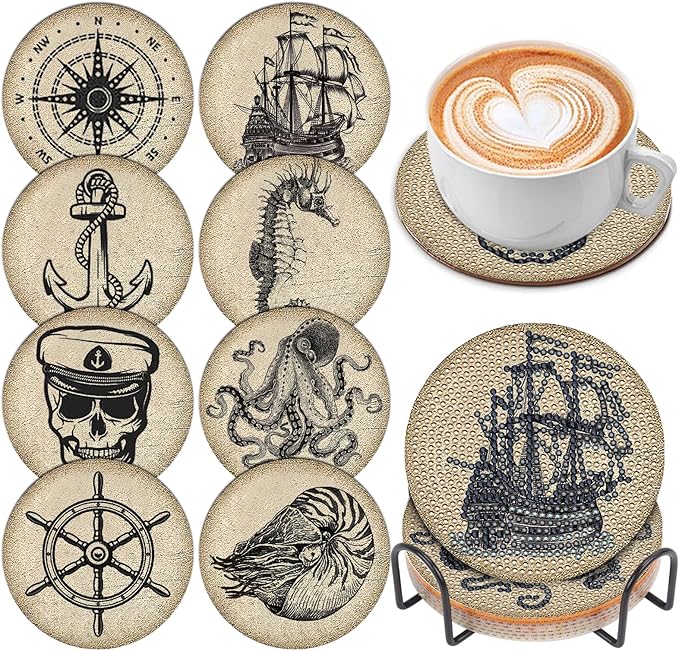 8 Pcs Diamond Art Painting Coasters with Holder, DIY Vintage Ocean Diamond Art Coasters for Adults Beginners 5D Gem Art Dots Paintings with Cork Pads Crafts Supplies