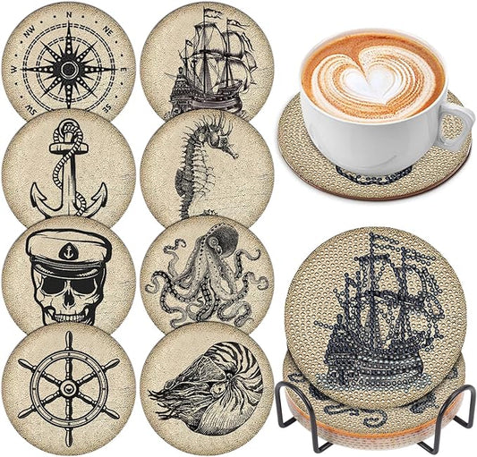 8 Pcs Diamond Art Painting Coasters with Holder, DIY Vintage Ocean Diamond Art Coasters for Adults Beginners 5D Gem Art Dots Paintings with Cork Pads Crafts Supplies