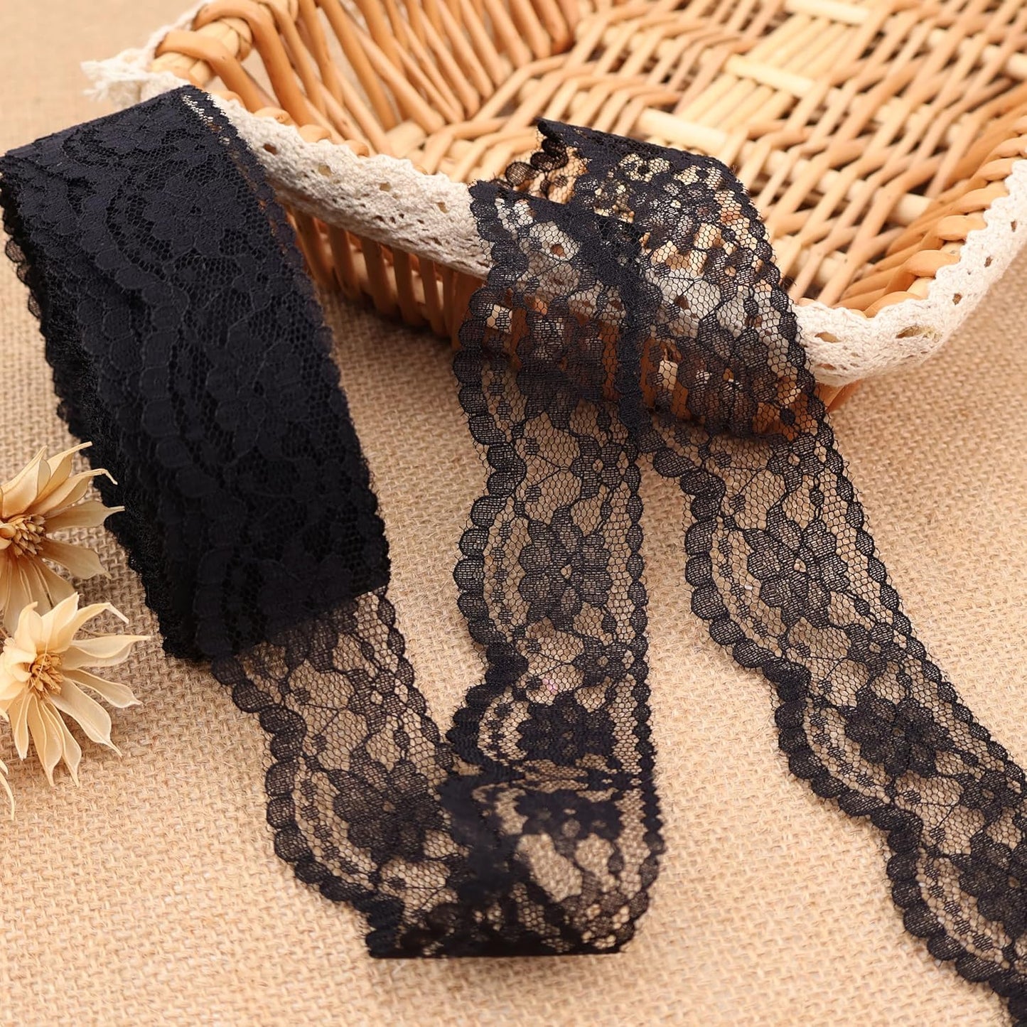 Black Lace Trim Sewing Lace Ribbon for Crafts Bridal Wedding Decoration, Bouquet and Gift Packaging (1.5Inch, 22Yards)