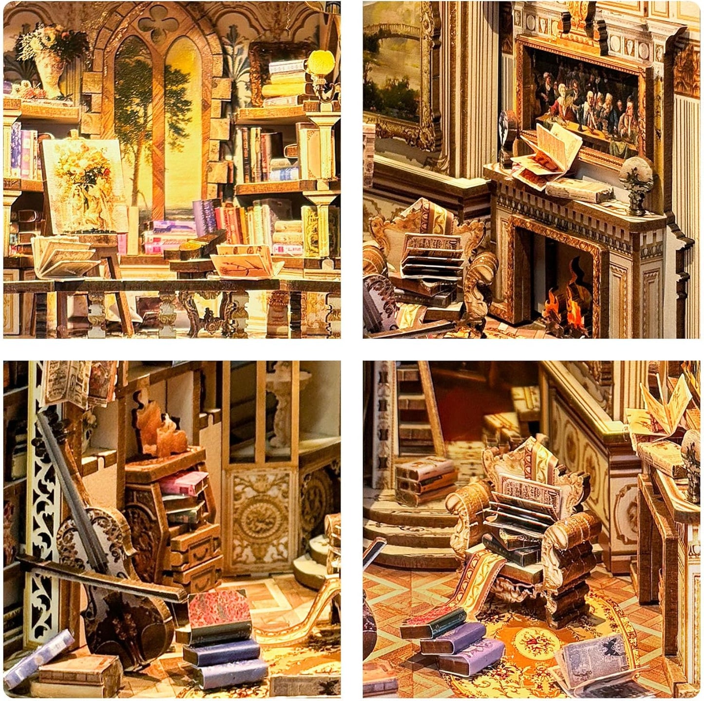 Book Nook Kit, DIY Miniature Dollhouse Kit Book Nook, 3D Wooden Puzzle Bookends for Bookshelf Insert Decor with LED Light for Teens and Adults (Baroque Dreams)