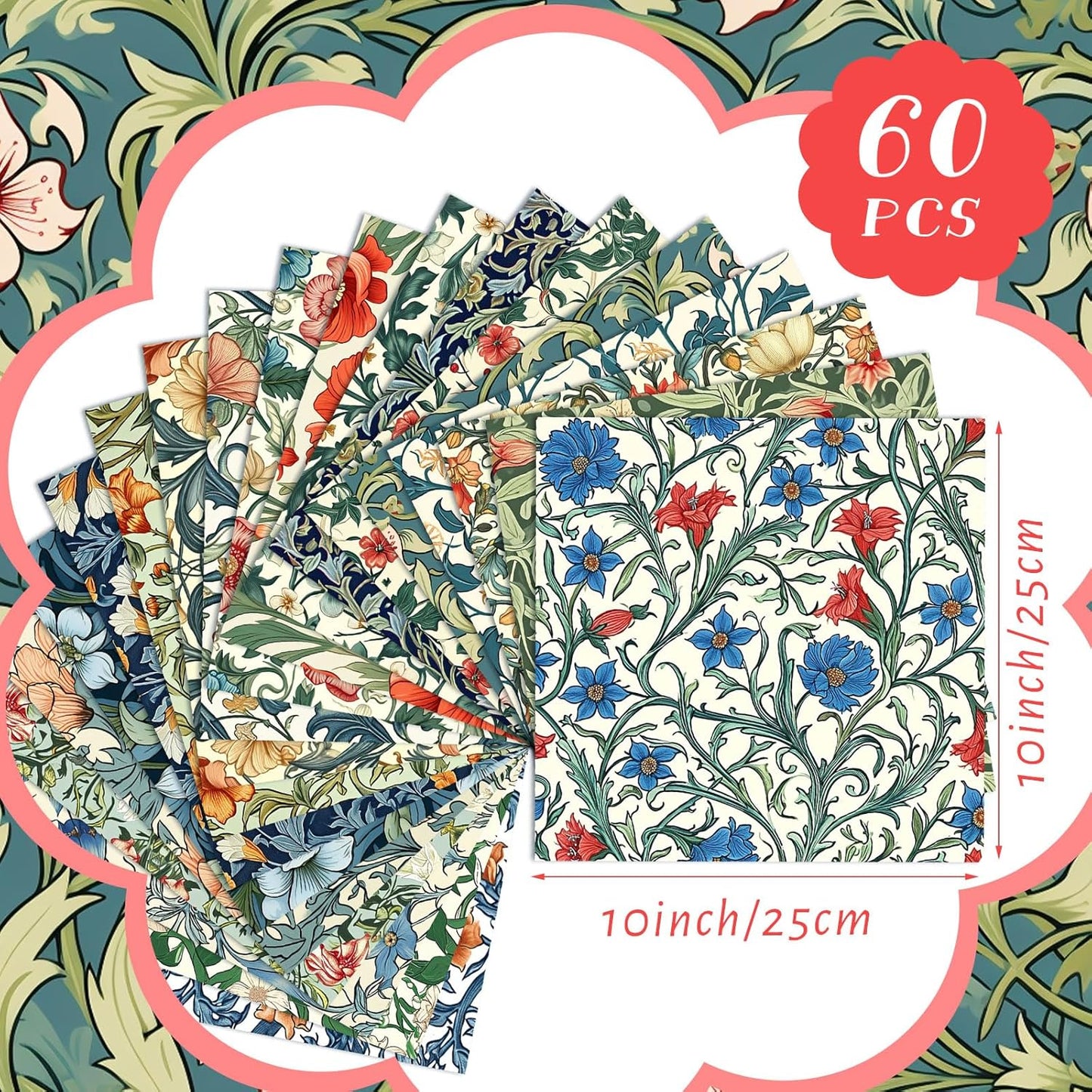 Ganeen 60 Pcs 10 x 10 Inch William Morris Floral Quilting Fabric Squares Vintage Floral Fat Patchwork Precut Strips Retro Multicolor Fabric Bundles for Holiday DIY Craft Sewing Quilt Material Handmade