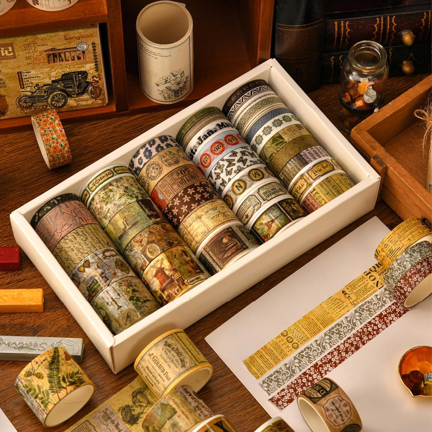 36 Rolls Vintage Washi Tape Pack Retro Arts Adhesive Tapes Wide Chronicle Decorative Masking Tape Sets for Craft, Kids, Scrapbook, DIY, Gift Wrapping (Globetrotting)