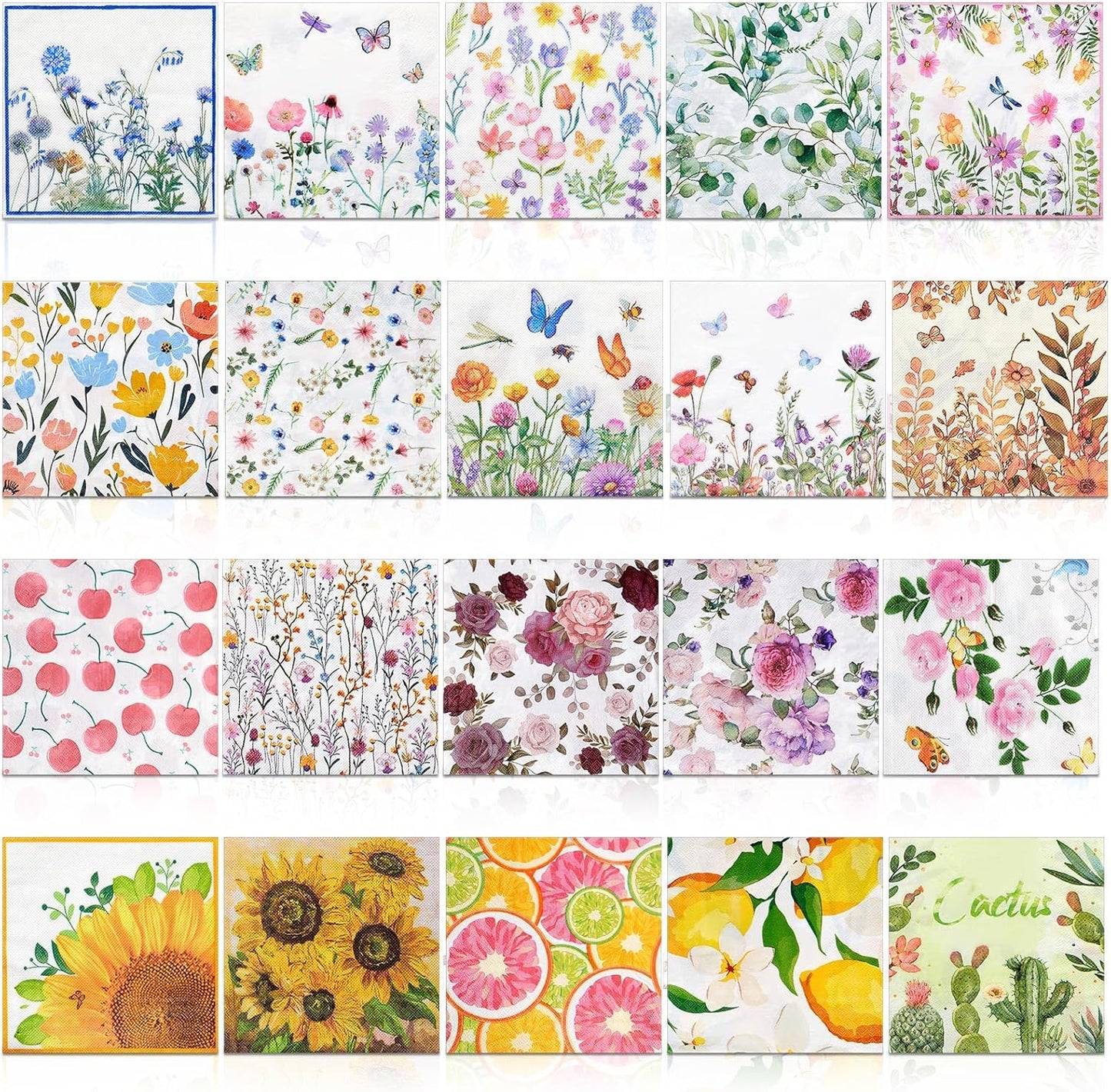 Crtiin 20 Pack Assorted Floral Napkins for Decoupage Toilet Napkins Flower Cocktail Decorative Paper for Birthday Party Beautiful Gorgeous, 20 Styles Each 6.5 inches(Style 8)