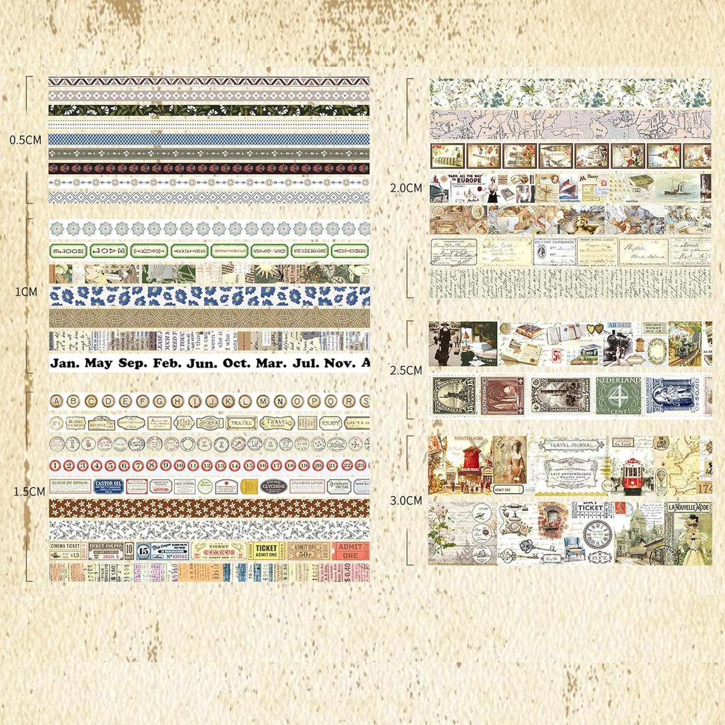 36 Rolls Vintage Washi Tape Pack Retro Arts Adhesive Tapes Wide Chronicle Decorative Masking Tape Sets for Craft, Kids, Scrapbook, DIY, Gift Wrapping (Globetrotting)