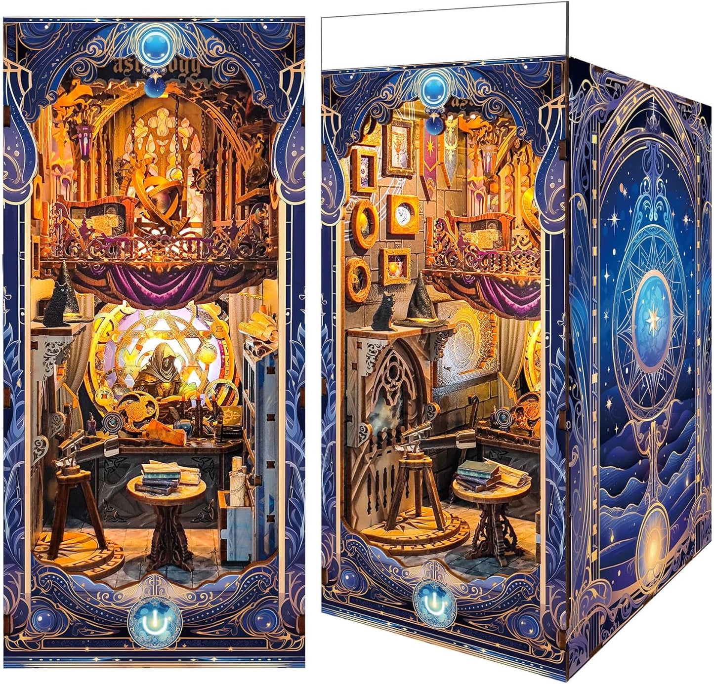 DIY Book Nook Kit, Miniature Dollhouse Booknook Kit, 3D Wooden Puzzle Bookend Bookshelf Insert Decor Diorama Kit with LED Light for Teens and Adults (Star Map Secrets)