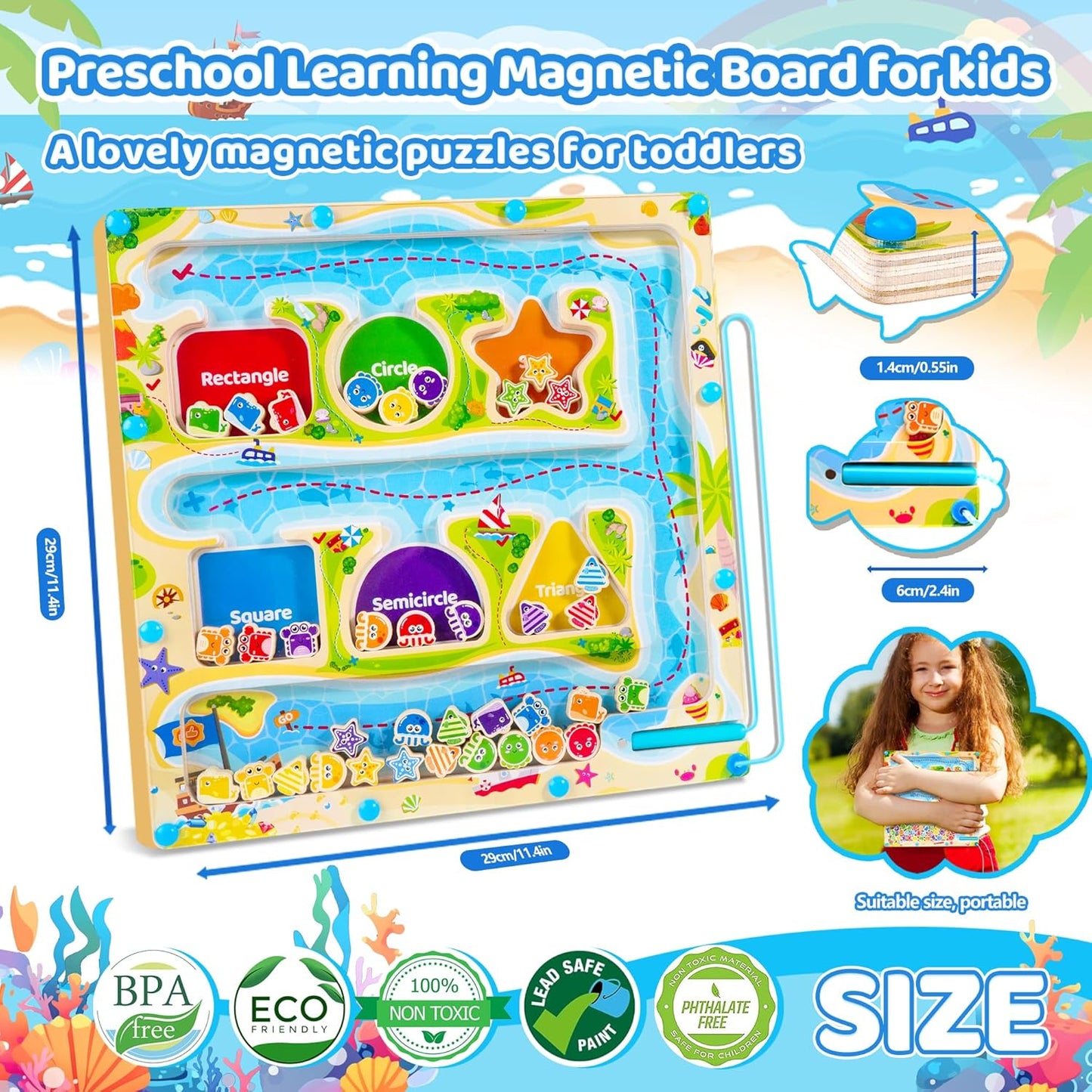 FCSONU Magnetic Color & Shape Maze, Toddler Montessori Toys for 3 4 5 Years Old Boy Girl Birthday Gifts, Wooden Magnetic Board for Kids Puzzles, Color Shape Sorting Magnet Toys, Preschool Activities