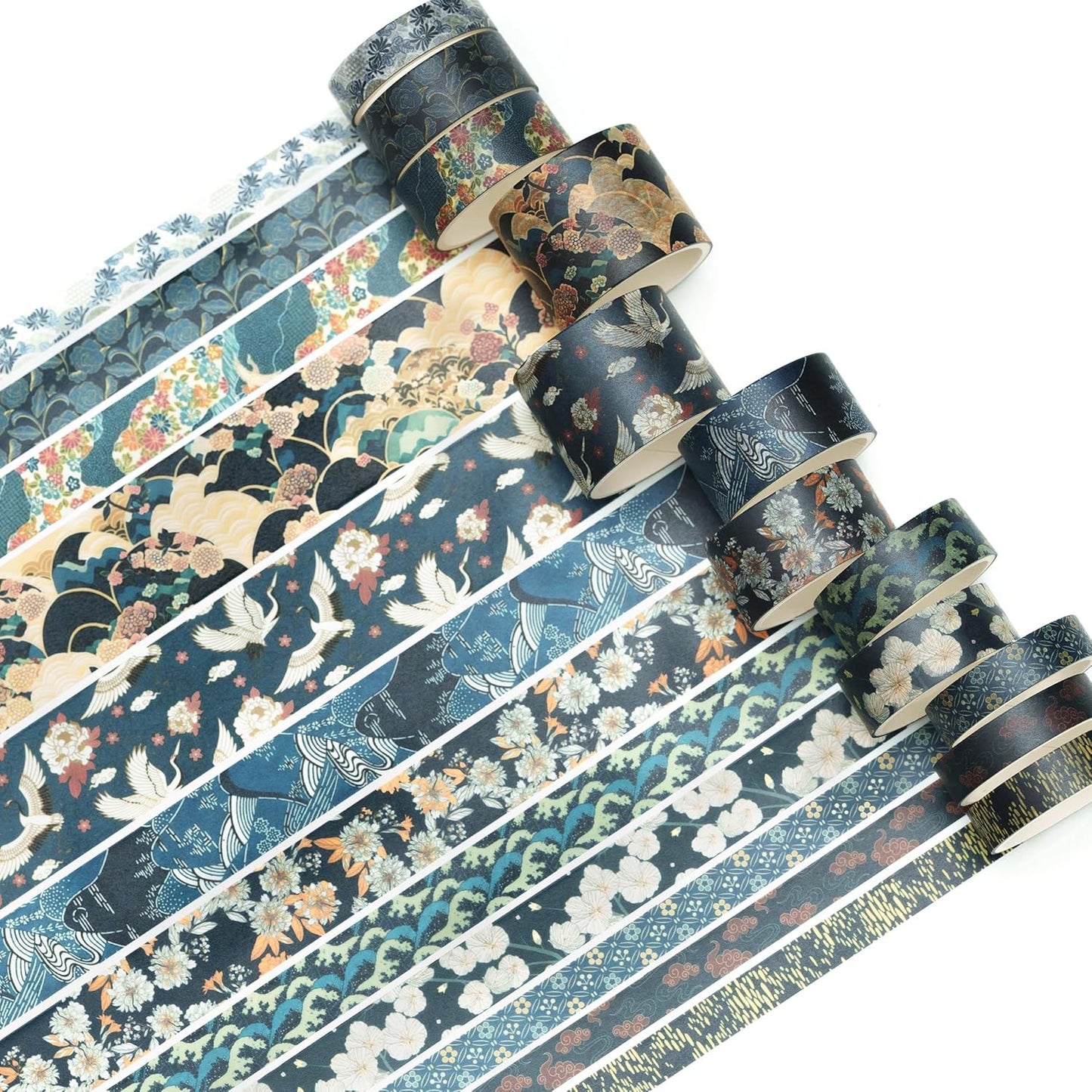 12 Rolls Kyoto Charm Washi Tape Set Japanese Arts Adhesive Tapes Geometric Garden Decorative Masking Tape Sets for Craft, Kids, Scrapbook, DIY, Gift Wrapping (Azure Tranquility)