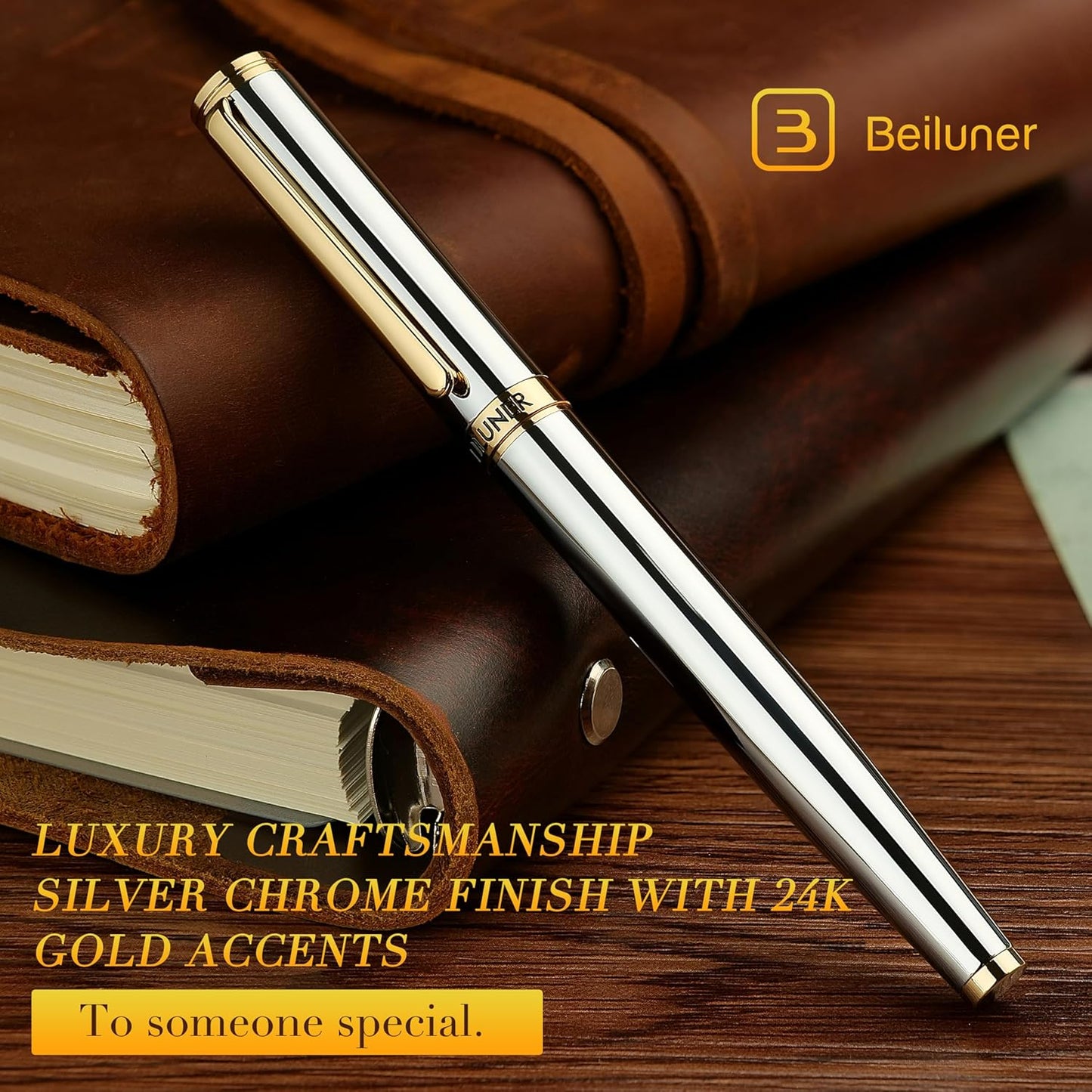 BEILUNER Luxury Rollerball Pen, Stunning Silver Chrome with 24K Gold Finish,Noble and Elegant Designs,Schneider Ink Refill, Best Gift Pen for Men & Women, Professional, Executive Office, Fancy Pens
