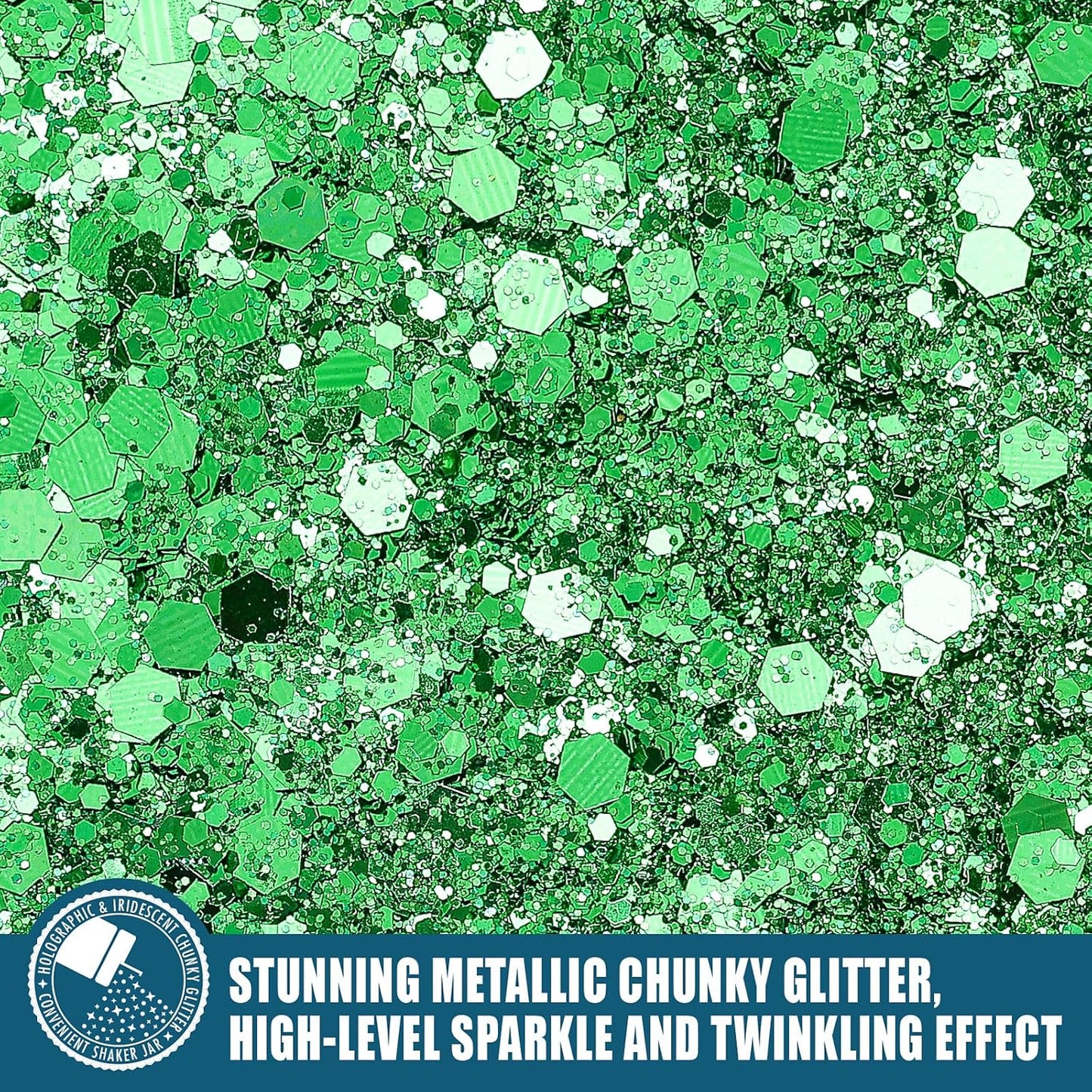 Chunky Glitter, 160G/5.64OZ Craft Glitter for Epoxy Resin, Mixed Fine Glitter & Chunky Glitter, Metallic Chunky Glitter for Hair, Nail Arts, Body, Bulk Glitter for DIY Tumbler Painting (Xmas Green)