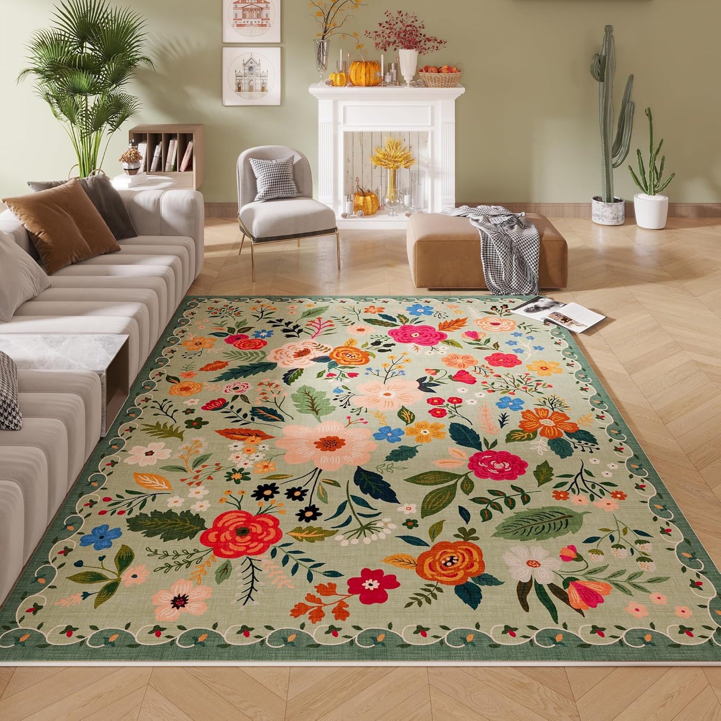 Rugcomf Living Room Rug 5x7 Rug Machine Washable Boho Area Rug Non Slip Floral Vintage Low Pile Large Rugs for Living Room, Bedroom, Farmhouse, Dining Room, Kids Playroom(Green)