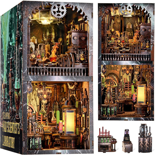 Book Nook Kit, Steampunk DIY Booknook Kits for Adults and Teens, 3D Wooden Puzzle Bookend Miniature Dollhouse Kit Creative Bookshelf Insert Decor with LED Light (Mad Scientist's Lab)