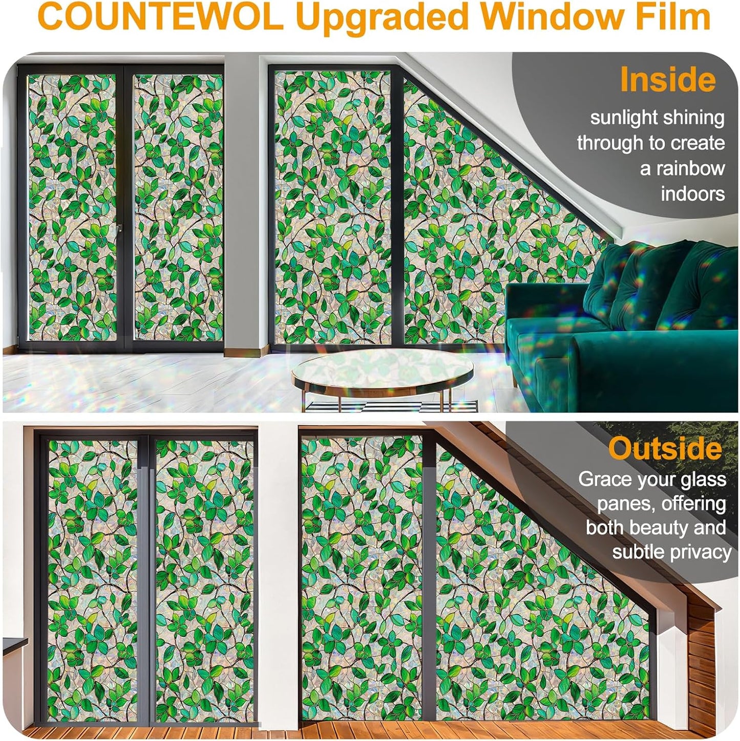 Window Privacy Film Stain Glass Window Film Rainbow Window Film Window clings Non-Adhesive Reusable Decorative for Room (Greenery Leaf, 35.4 x 78.7 in)