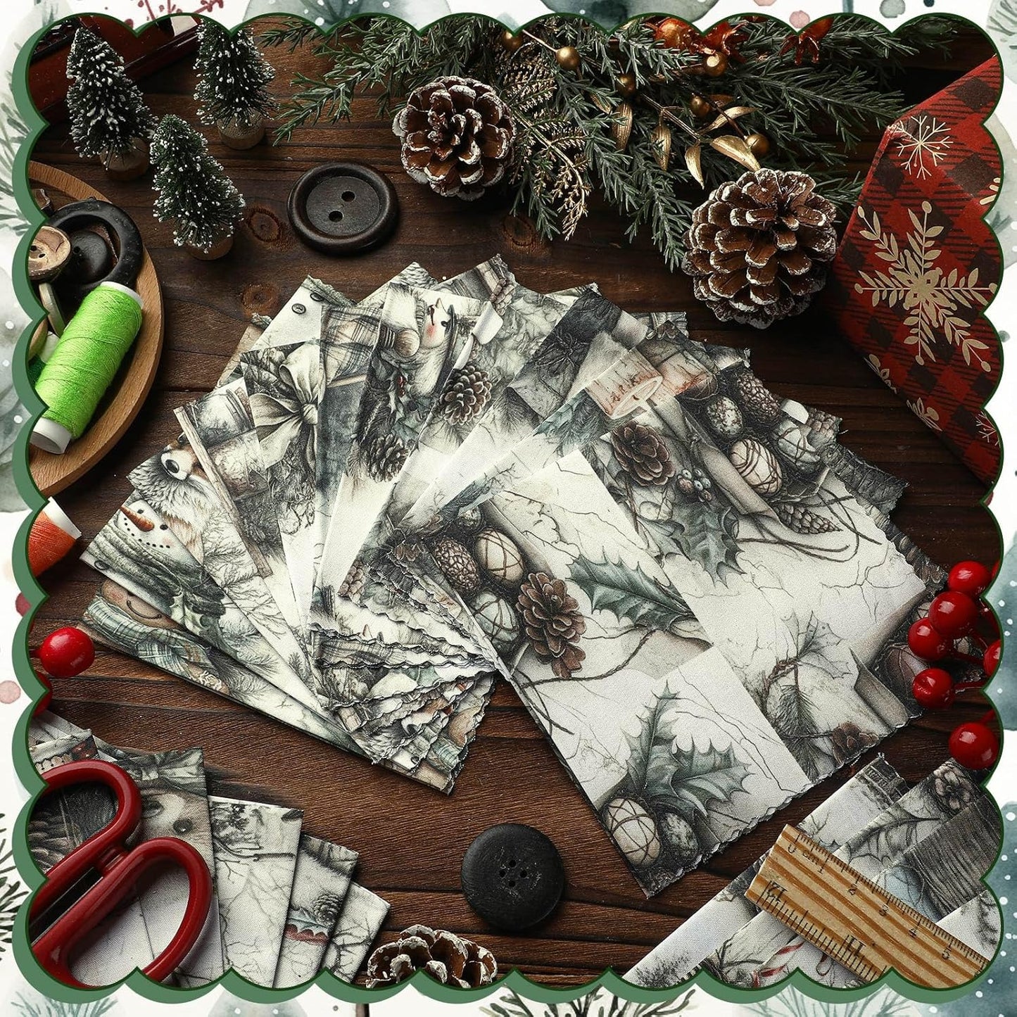 Ganeen 60 Pcs 10 x 10 Inch Vintage Green Christmas Quilting Fabric Squares Snowman Fat Patchwork Precut Strips Gingerbread Reindeer Fabric Bundles for Winter Xmas DIY Craft Sewing Handmade Material