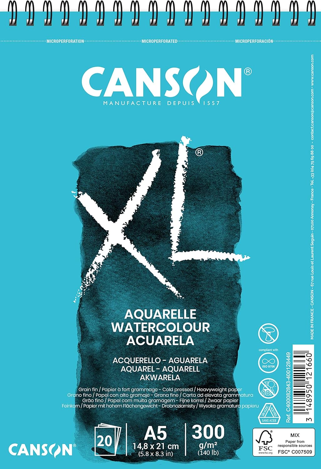 CANSON XL Watercolour 300gsm A5 Paper, Cold Pressed, Spiral Pad Short Side, 30 White Sheets, Ideal for Professional Artists