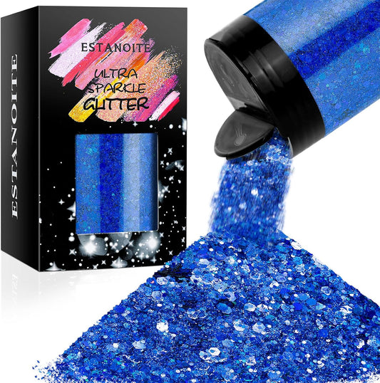 Holographic Chunky Glitter, 5.64oz/160g Craft Glitter Powder Mixed Chunky Flakes, Iridescent Nail Sequins for Nail Art, Hair, Epoxy Resin, Tumblers, Slime, Painting, Festival Decor (Galaxy Blue)