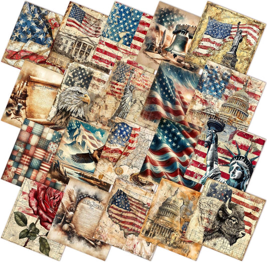 Ganeen 60 Pcs 10 x 10 Inch Vintage Patriotic Quilting Fabric Squares American Flag Fabric Bundle Retro 4th of July Fat Patchwork Precut Stripes for Memorial Day Handmade Material Sewing DIY Crafts