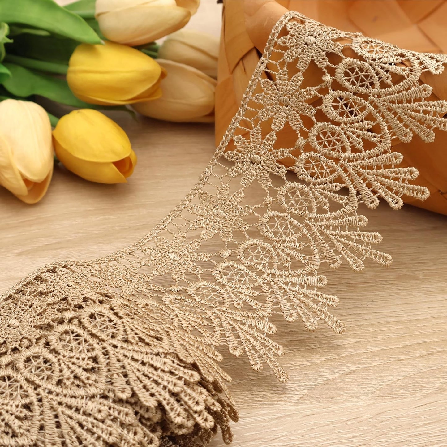 GXTIZAS Golden Lace Trim 5 Yards Wide Venise Lace Ribbon Embroidered Edge Trim for Sewing Crafts Pillow Case