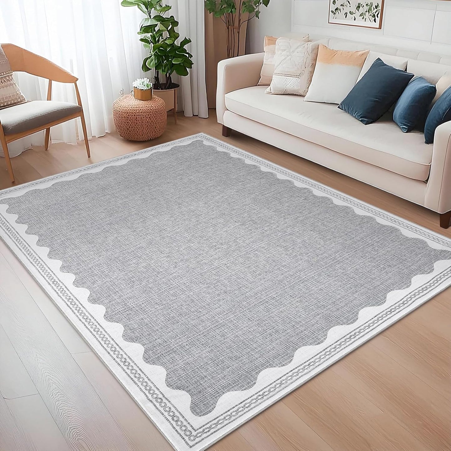 Scalloped Rug 4x6 Rugs for Entryway, Small Area Rugs Solid Grey Rug for Bedroom Girls, 4x6 Washable Rugs for Living Room, Non Slip Scalloped Bath Mat, Soft Dorm Nursery Carpet for Bedside