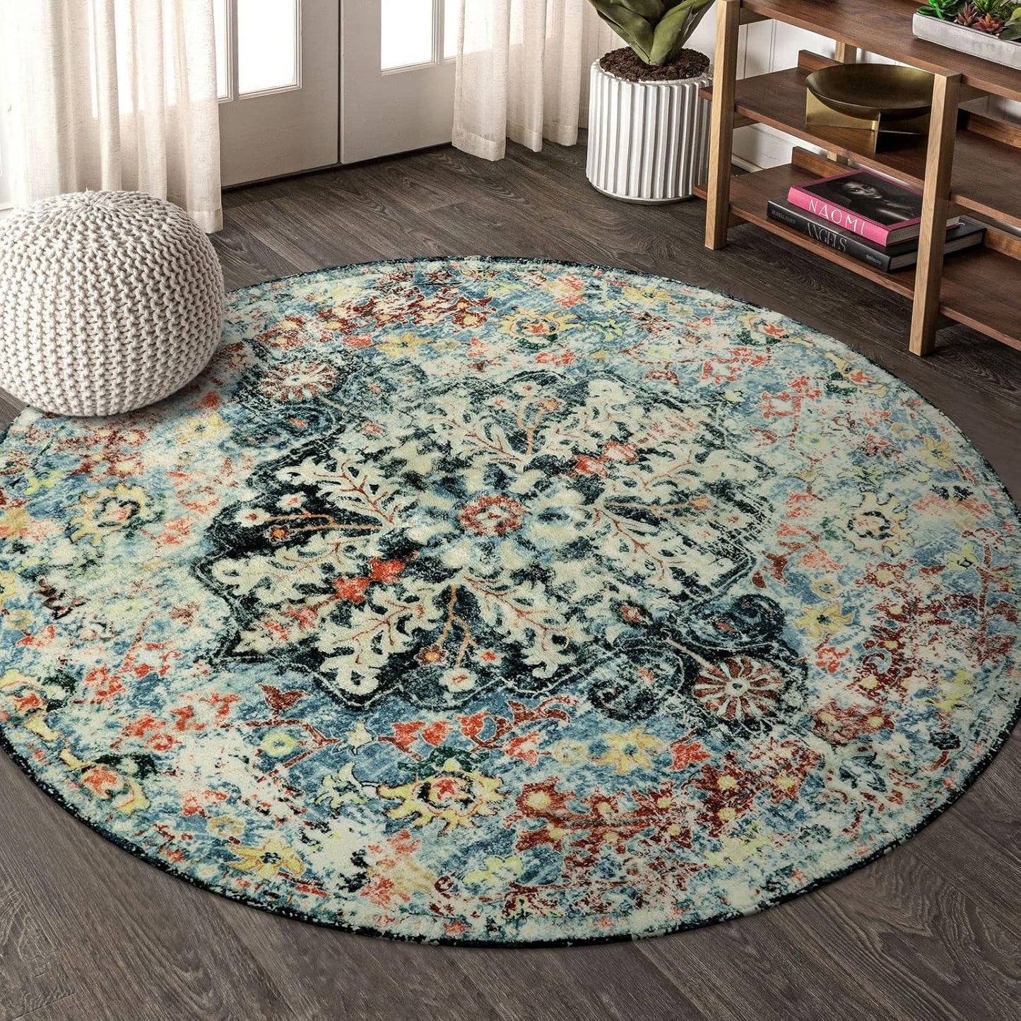 Lahome Bohemian Floral Medallion Round Rug - 4Ft Entryway Round Area Rug Soft Bathroom Circle Mat, Teal Turkish Non Slip Machine Washable Indoor Accent Carpet for Bedroom Kitchen Coffee Table
