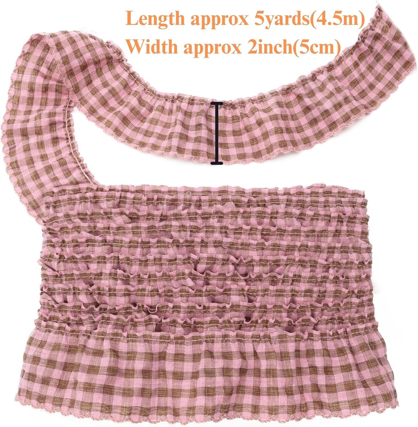 Gingham Ruffle Lace Trim Pleated Lace 5 Yards Gathered Gingham Fabric Edge Ribbon Trim for Dresses, Wedding Gowns, Crafts, Home Decor (Pink)