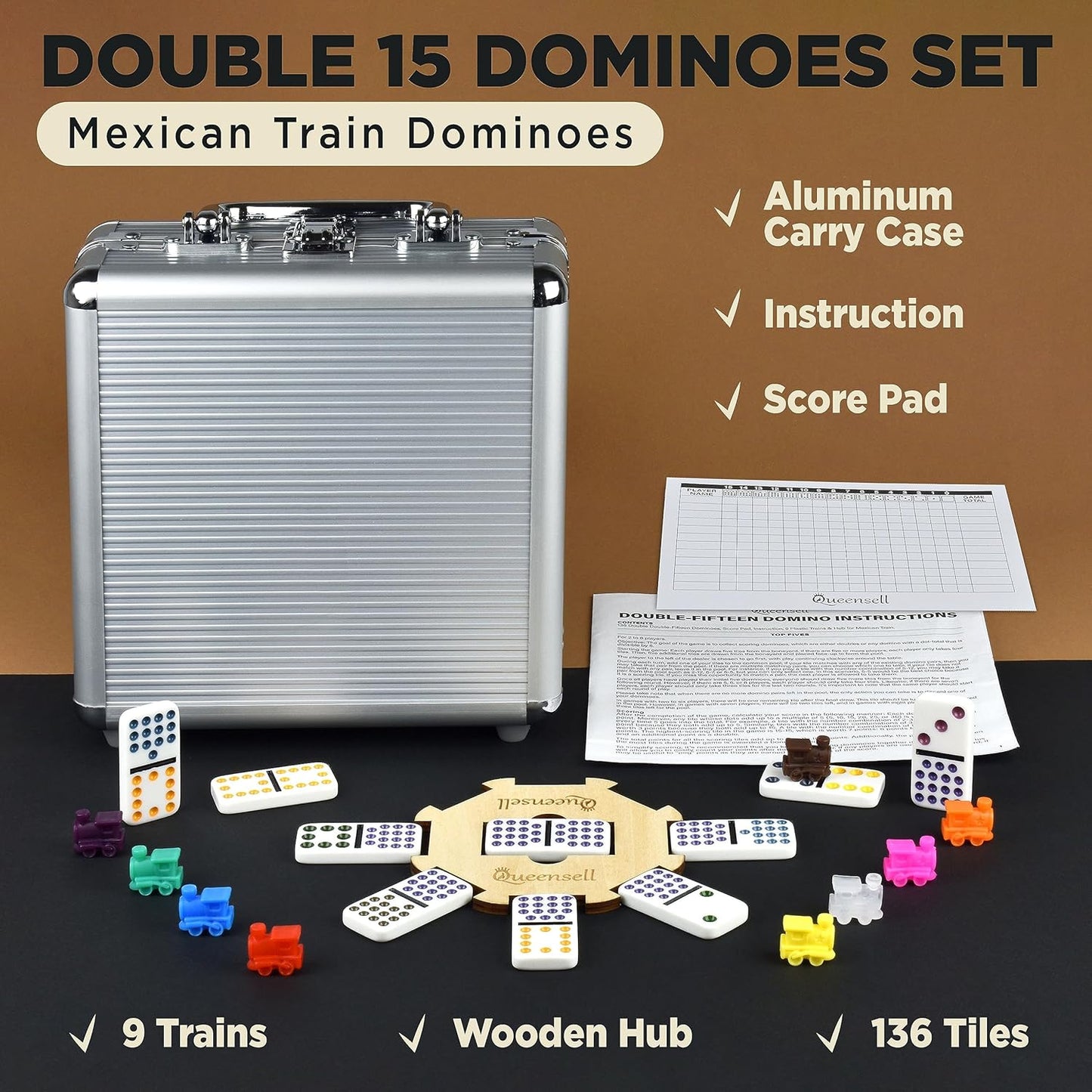 Queensell Mexican Train Dominoes - 136 Colored Dot Double 15s, 9 Trains, Wooden Hub, Aluminum Case