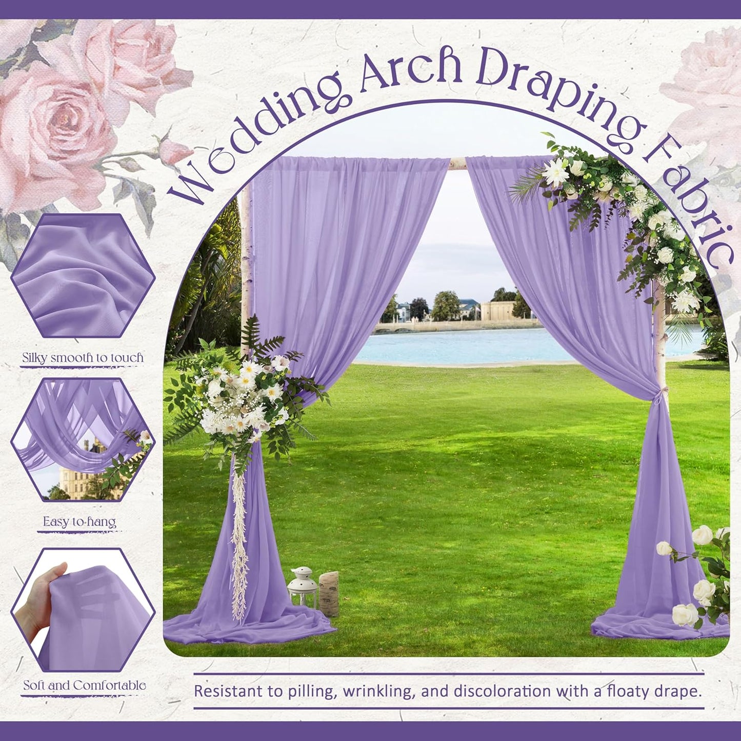 VACVELT Wedding Arch Draping Fabric, Lilac Chiffon, 1 Panel Sheer Drapes, 30 Inch x 20ft Chiffon Backdrop Curtain, Outdoor Sheer Drapery for Ceremony Party Ceiling