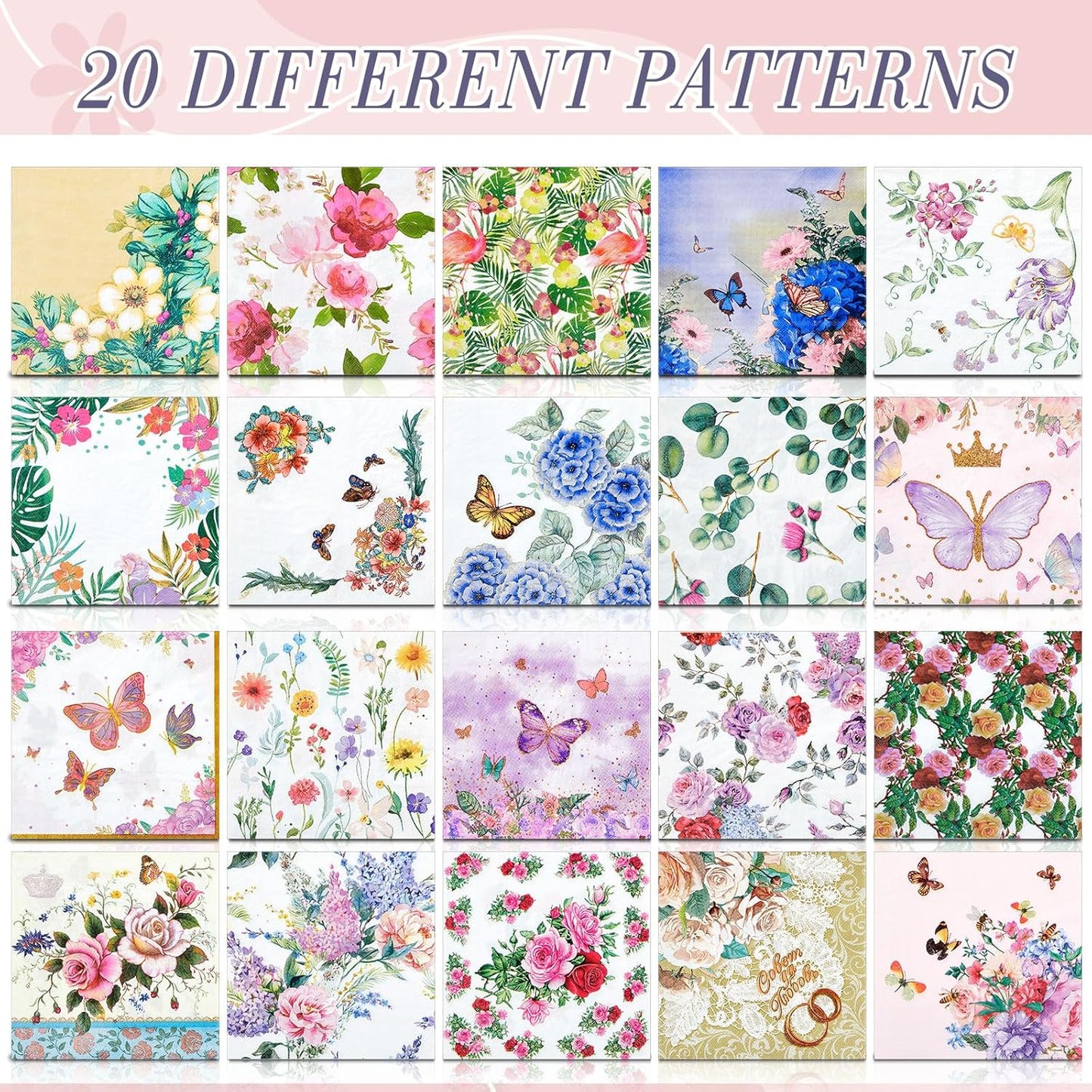Crtiin 20 Pack Assorted Floral Napkins for Decoupage Toilet Napkins Flower Cocktail Decorative Paper for Birthday Party Beautiful Gorgeous, 20 Styles Each 6.5 inches(Style 1)