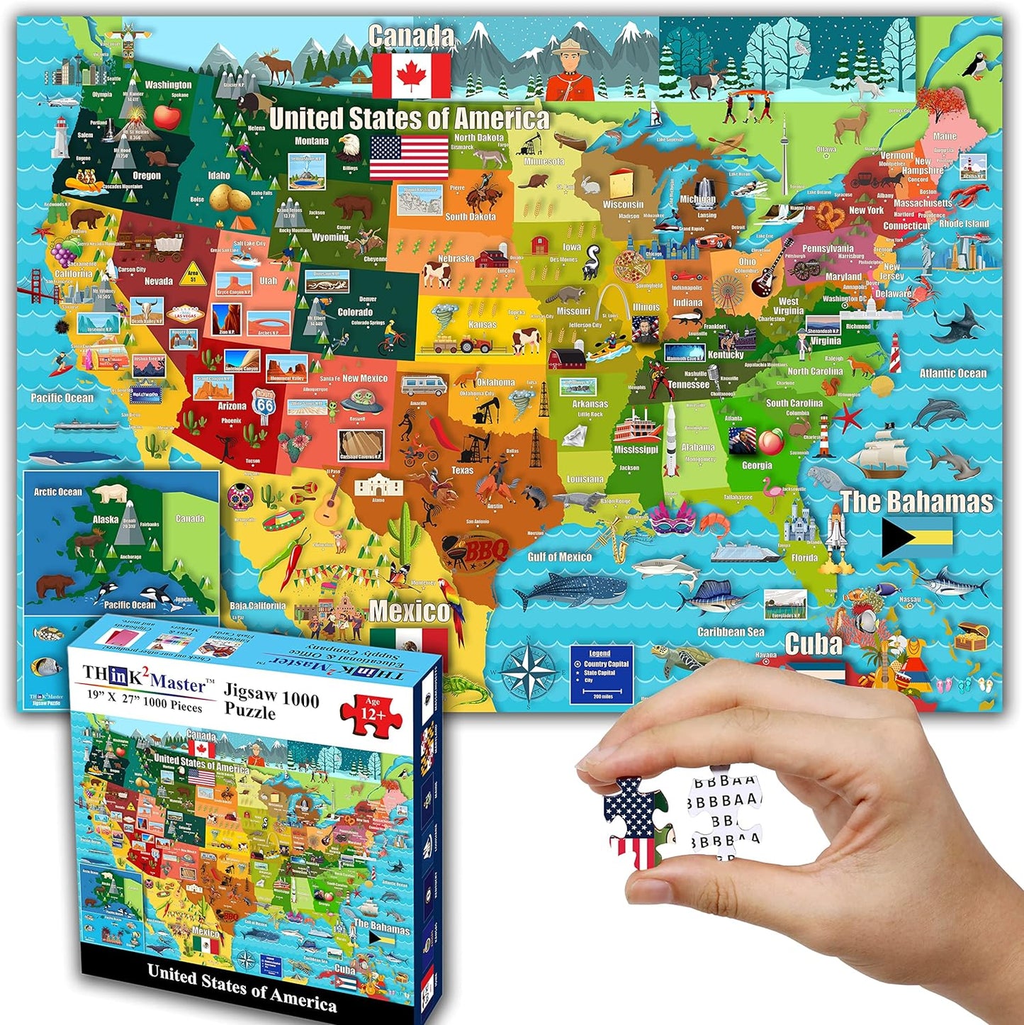 Think2Master Colorful United States Map 1000 Pieces Jigsaw Puzzle for Kids 12+, Teens, Adults & Families. Great Educational Gift for Interest in The USA Map. Size: 26.8” X 18.9”