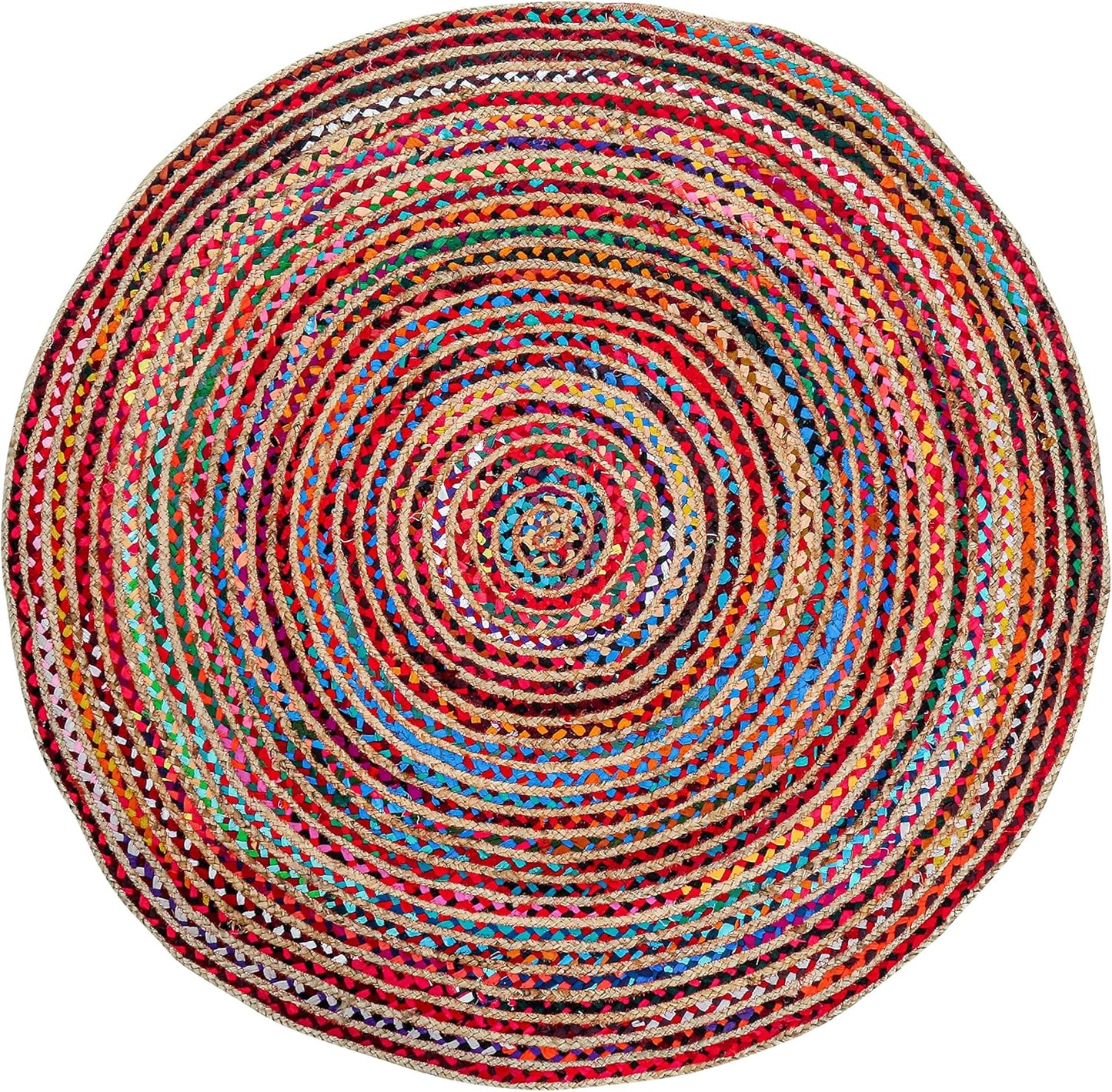 5' Round Handwoven Jute Chindi Area Rug - Colorful Round Boho Rugs for Living Room - Hand Braided Multicolor Bohemian Rug for Farmhouse, Bedroom, Dining Room, Classroom, Hallway, Kitchen