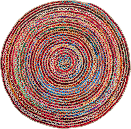 3' Round Handwoven Jute Chindi Area Rug - Colorful Boho Rugs for Living Room - Hand Braided Multicolor Bohemian Rug for Farmhouse, Bedroom, Dining Room, Classroom, Hallway, Kitchen, Office