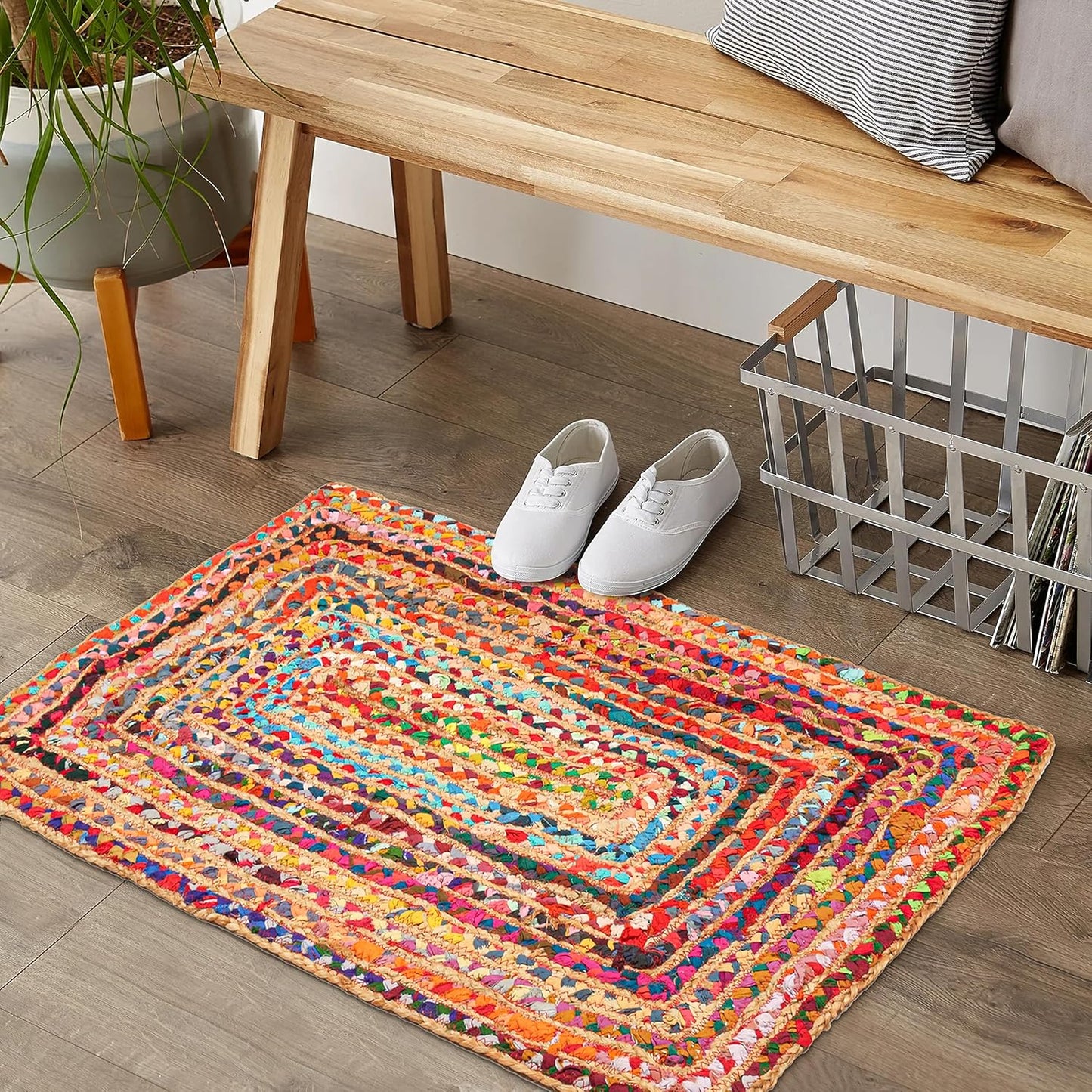 2'x3' Handwoven Jute Chindi Area Rug - Colorful Boho Rugs for Living Room - Hand Braided Multicolor Bohemian Rug for Farmhouse, Bedroom, Dining Room, Classroom, Hallway, Kitchen, Office