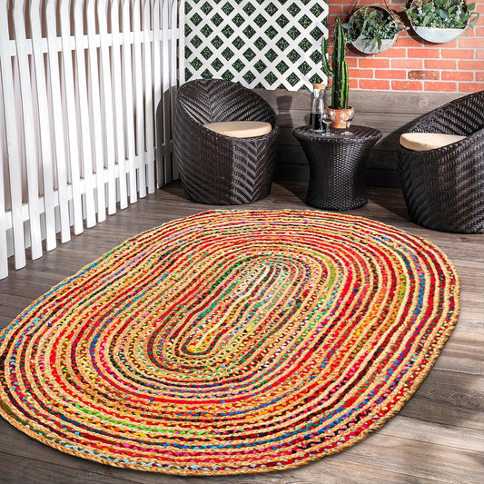 8'x10' Handwoven Jute Chindi Area Rug - Colorful Boho Rugs for Living Room - Hand Braided Multicolor Bohemian Rug for Farmhouse, Bedroom, Dining Room, Classroom, Hallway, Kitchen, Office
