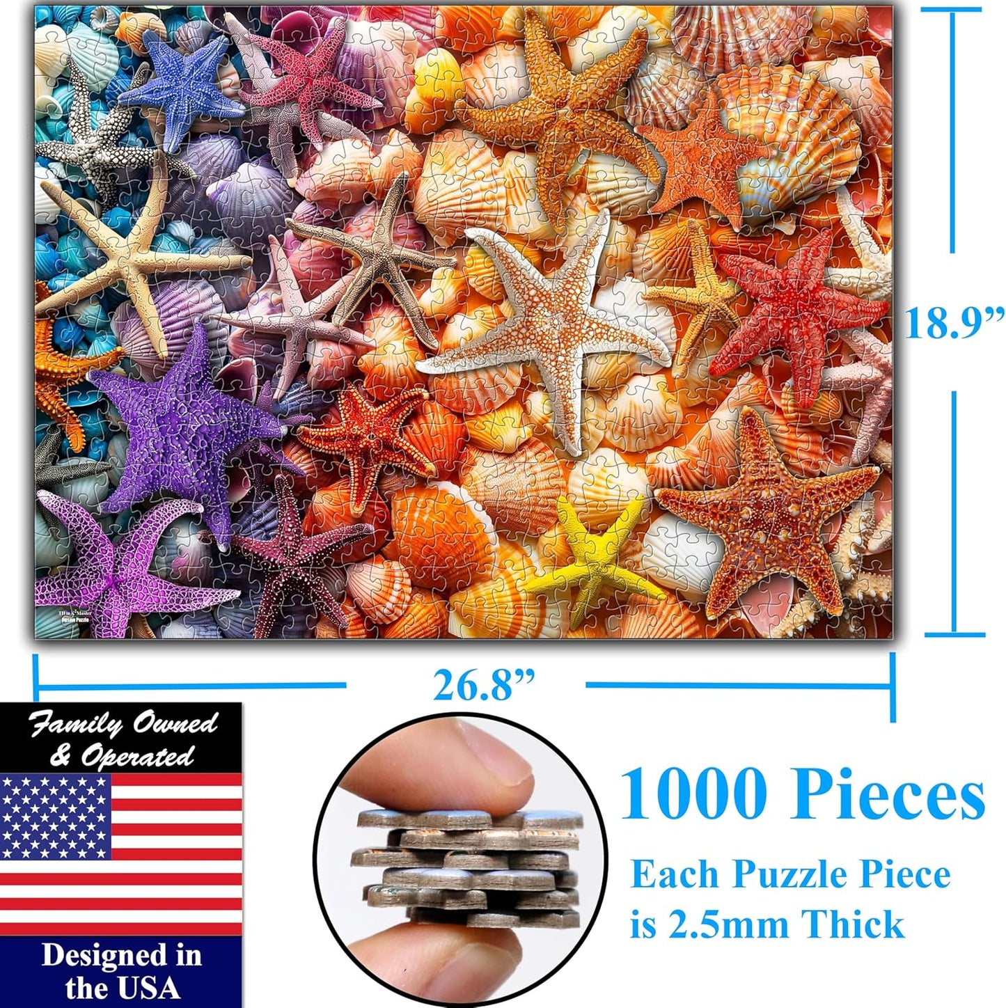 Think2Master Colorful Rainbow of Starfish & Seashells 1000 Pieces Large Format Jigsaw Puzzle for Kids 12+, Teens, Adults & Families. Beautiful Vibrant Illustration Artwork Size: 26.8” X 18.9”