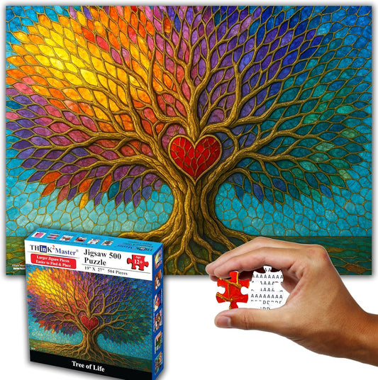 Think2Master Colorful Vibrant Stained Glass Style Artwork Tree of Life 500 Pieces Large Format Jigsaw Puzzle: Kids 12+, Teens, Adults & Families. Great Gift. Size: 26.8” X 18.9”