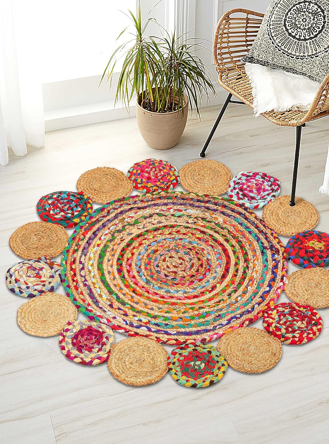 3' Round Handwoven Jute Chindi Area Rug - Colorful Boho Rugs for Living Room - Hand Braided Multicolor Bohemian Rug for Farmhouse, Bedroom, Dining Room, Classroom, Hallway, Kitchen, Office