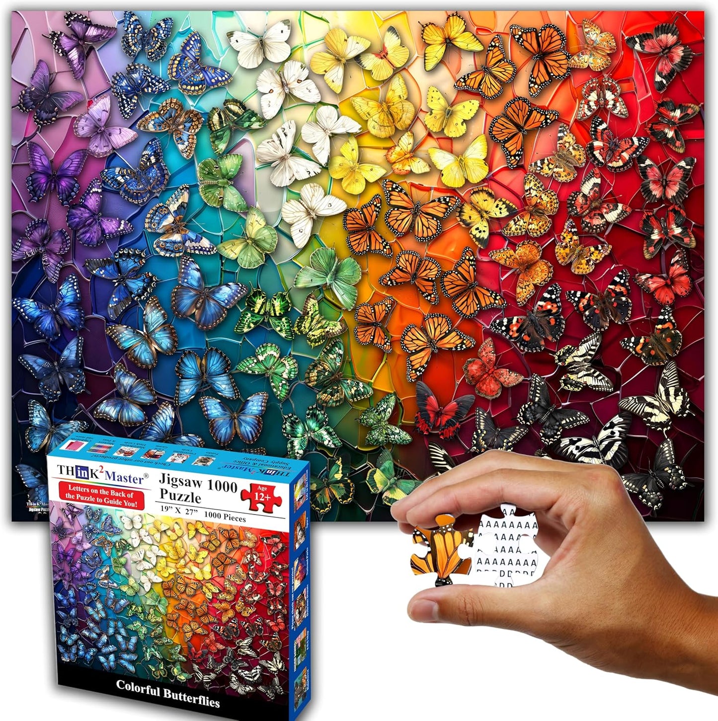 Think2Master Colorful Rainbow of Butterflies & Stained Glass 1000 Pieces Large Format Jigsaw Puzzle for Kids 12+, Teens, Adults & Families. Beautiful Vibrant Illustration Artwork Size: 26.8” X 18.9”