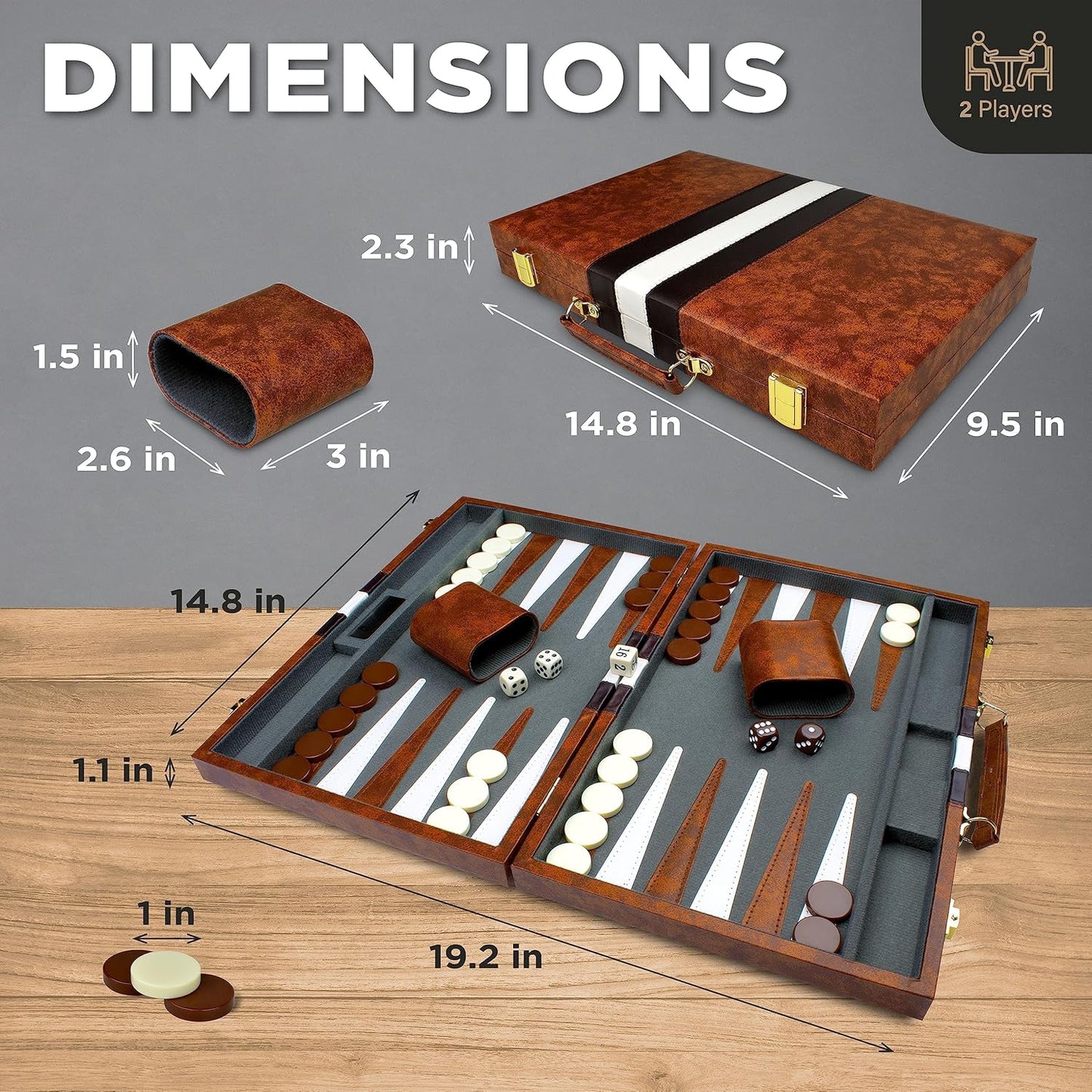 Large Backgammon Sets for Adults - Classic Board Games for 2 Players Adults and Kids - Premium Backgammon Set 15 inch Board and 32 Backgammon Pieces in Quality PU Leather Case - Gift for Man