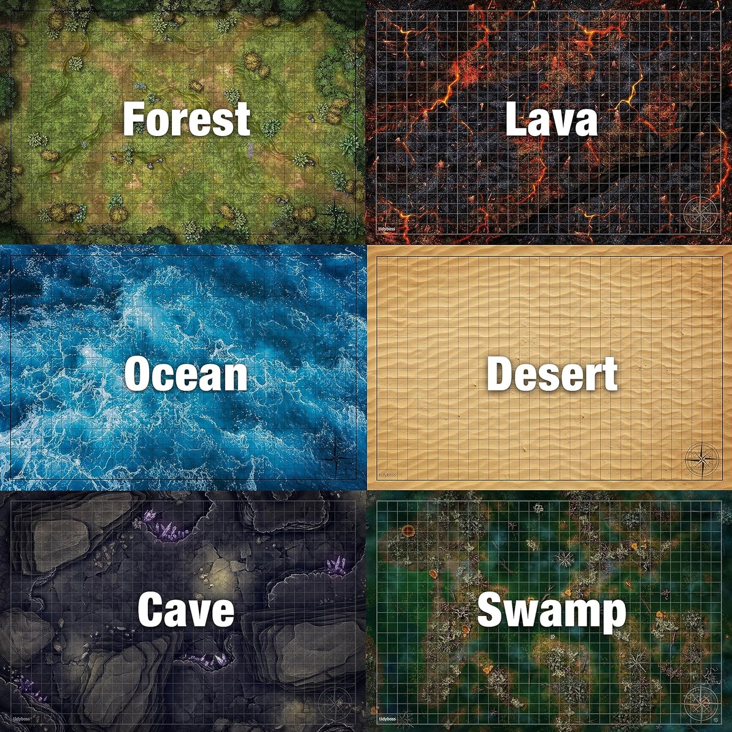 Tidyboss DND Expansion Pack | 3 X Double Sides 24x 36 Game Grid Mat | 6 Terrains with Lava, Sea, Forest, Cave, Swamp and Desert | Includes 2 x Dry Erase Markers, Eraser and Clips