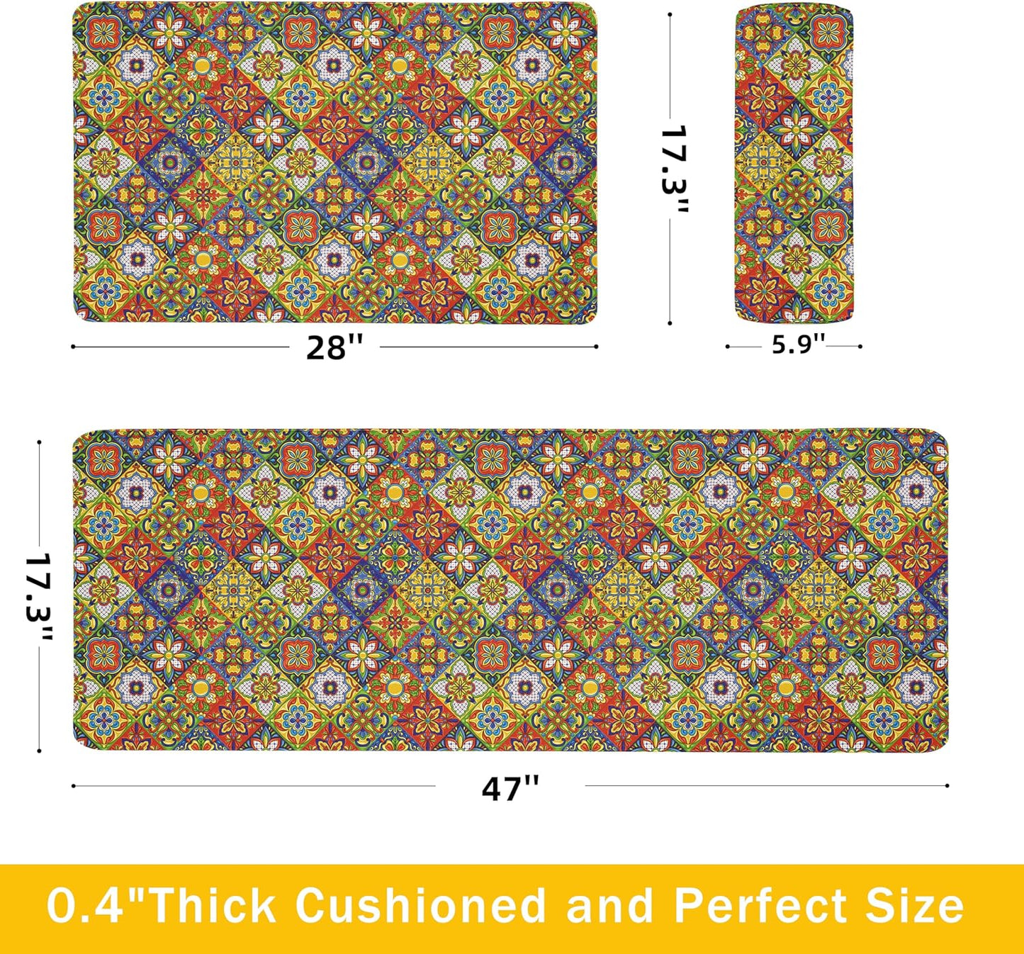 Boho Kitchen Rugs Set 2 Memory Foam Colorful Ceramic Comfort Tile Floor Mat Anti Fatigue Non-Skid PVC Runner Rug Water & Oil Proof Carpet for Kitchen Laundry Sink,17.3x28+17.3x47 Inch, C4