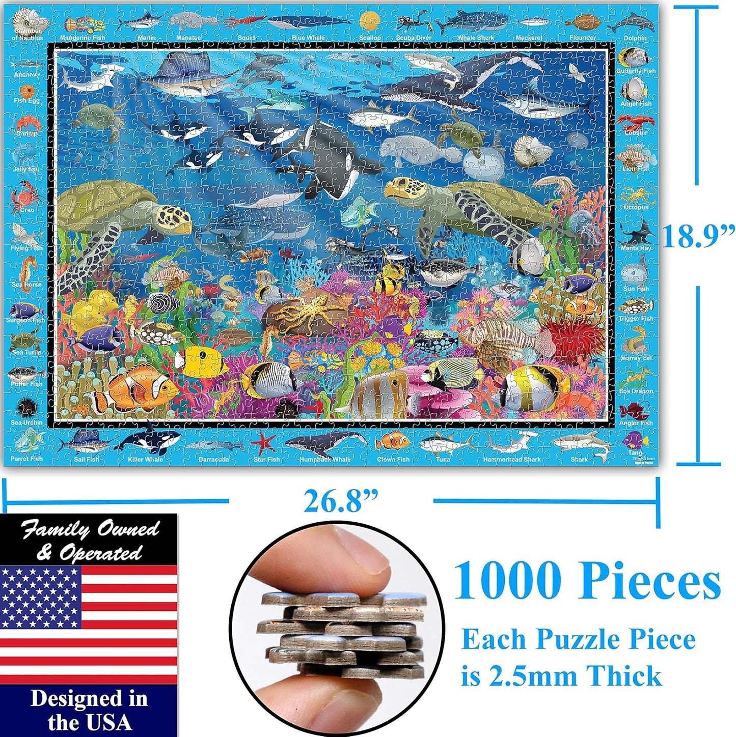 Think2Master Colorful Ocean Life 1000 Pieces Jigsaw Puzzle for Kids 12+, Teens, Adults & Families. Great Gift for stimulating Learning About Coral Reefs. Size: 26.8” X 18.9”