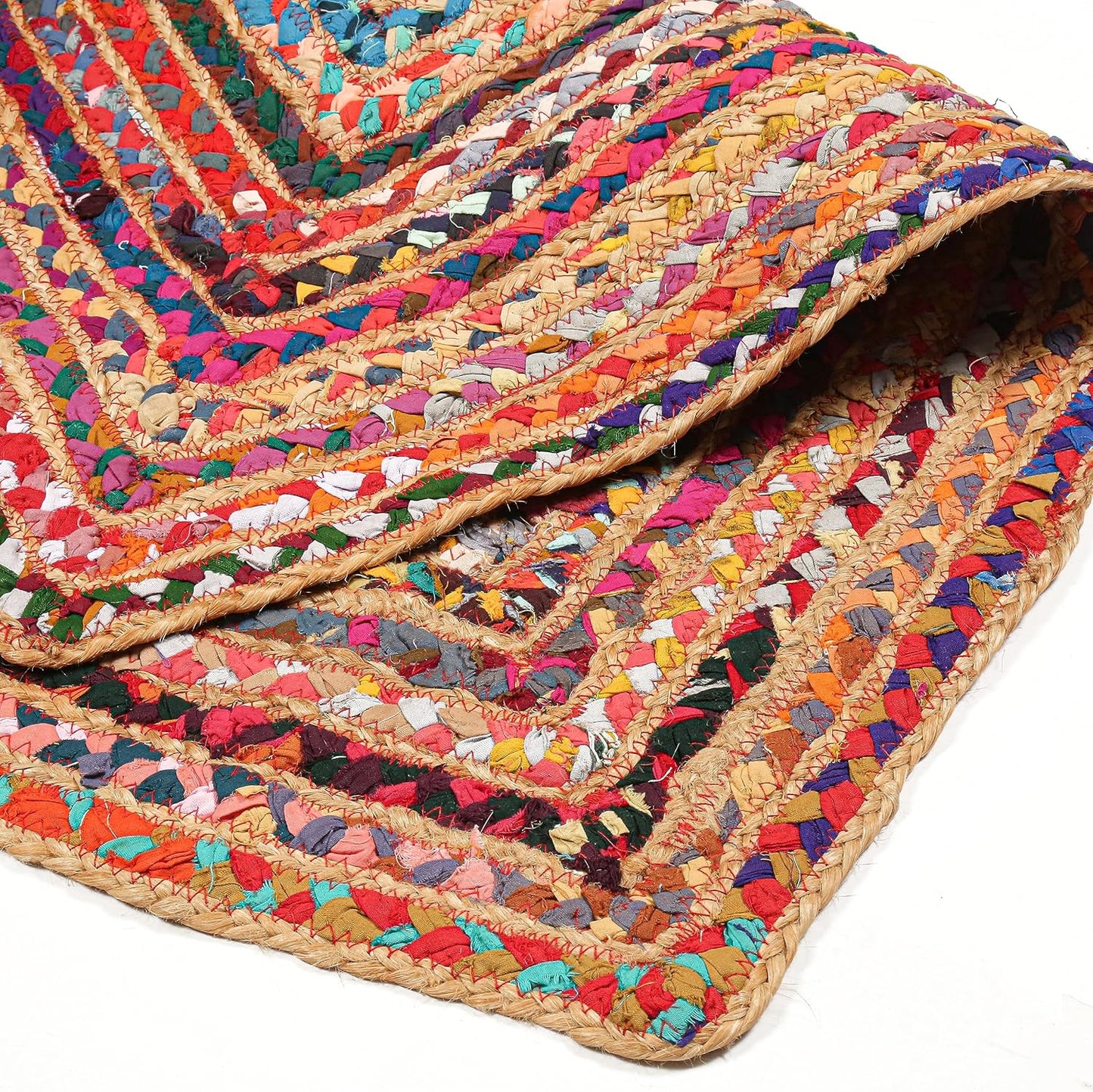 2'x3' Handwoven Jute Chindi Area Rug - Colorful Boho Rugs for Living Room - Hand Braided Multicolor Bohemian Rug for Farmhouse, Bedroom, Dining Room, Classroom, Hallway, Kitchen, Office