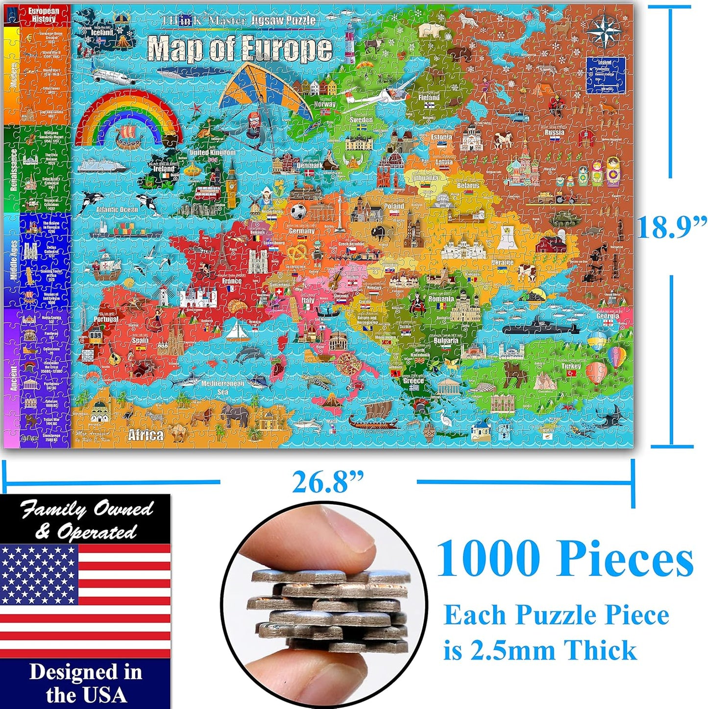 Think2Master Colorful Map of Europe 1000 Pieces Jigsaw Puzzle for Kids 12+, Teens, Adults & Families. Great Gift for stimulating Interest in The European Map. Size: 26.8” X 18.9”