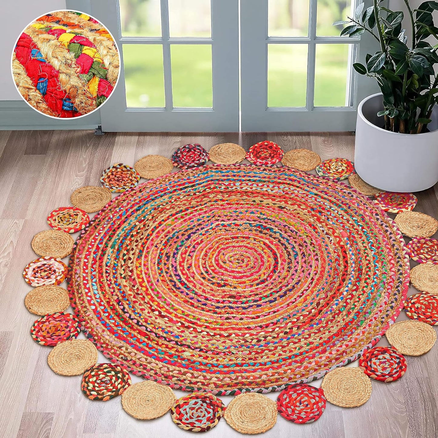 5' Round Handwoven Jute Chindi Area Rug - Colorful Boho Rugs for Living Room - Hand Braided Multicolor Bohemian Rug for Farmhouse, Bedroom, Dining Room, Classroom, Hallway, Kitchen, Office